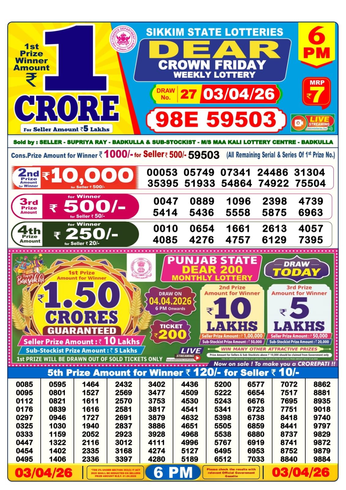 Lottery Sambad 6PM Result 03 04 26 Dear Crown Friday Weekly Lottery Result official chart Lottery Sambad 6PM Result 03 04 26 Dear Crown Friday Weekly Lottery Result official chart