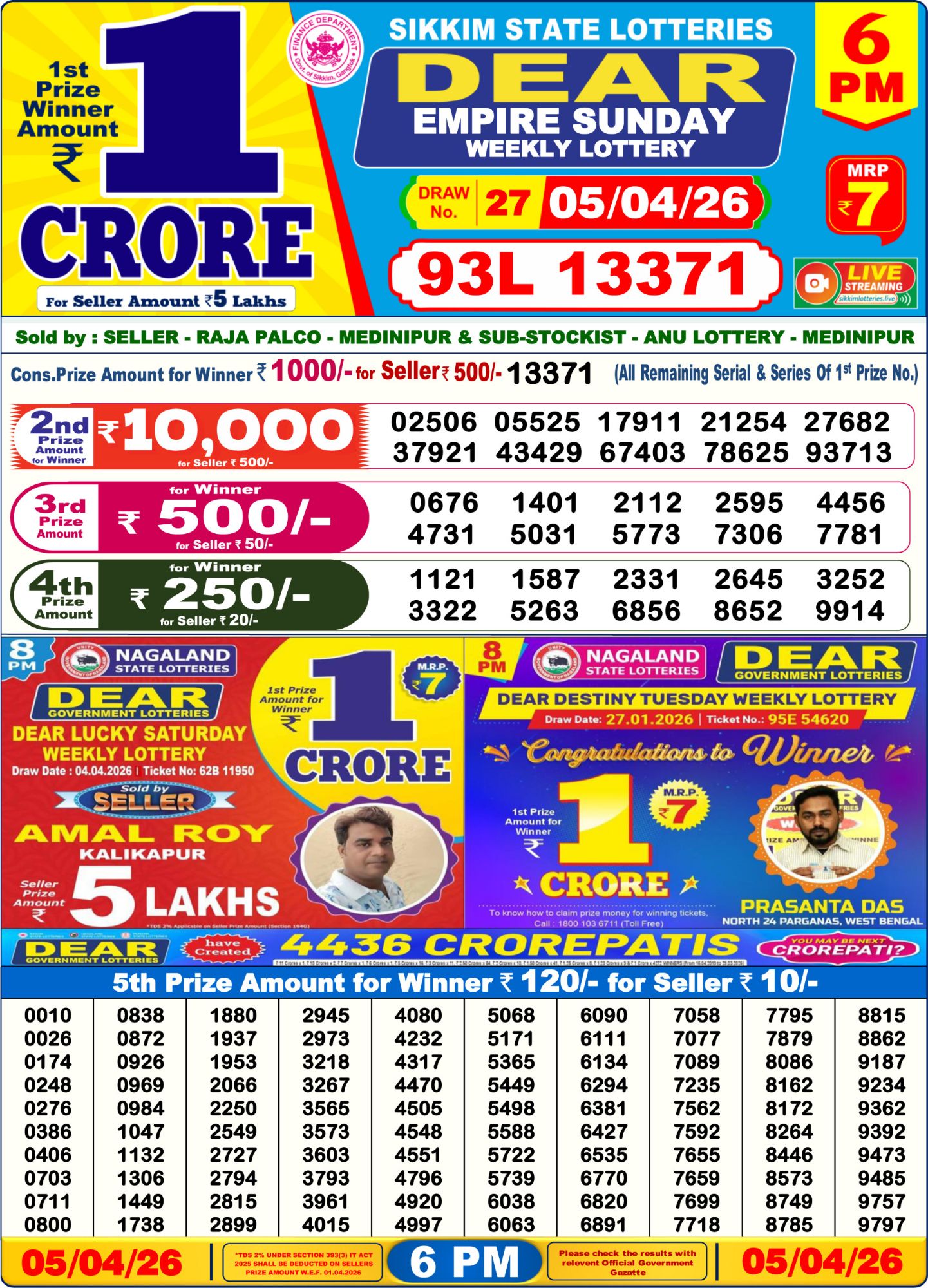 Lottery Sambad 6PM Result 05 04 26 Dear Empire Sunday Weekly Lottery Result official chart