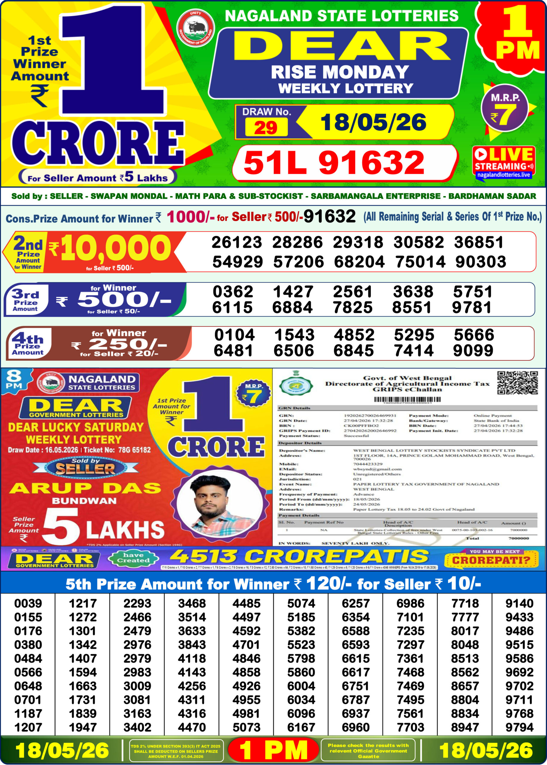 Lottery Sambad 1PM Result 18 05 26 Dear Rise Monday Weekly Lottery Result official chart Lottery Sambad 1PM Result 18 05 26 Dear Rise Monday Weekly Lottery Result official chart