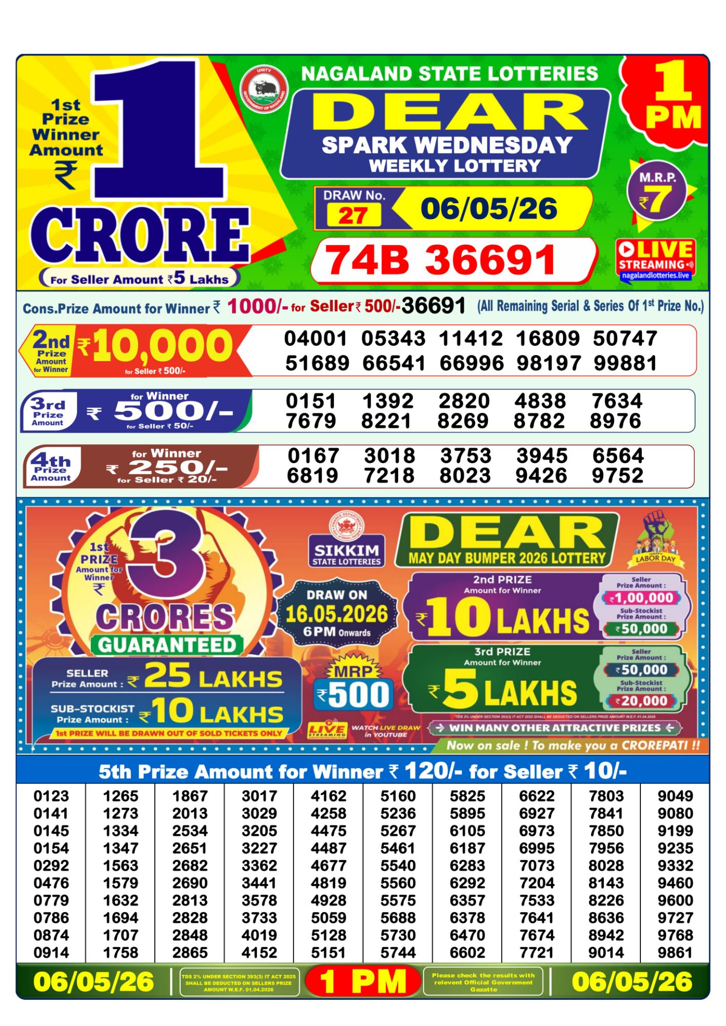 Dear Lottery 1PM Result