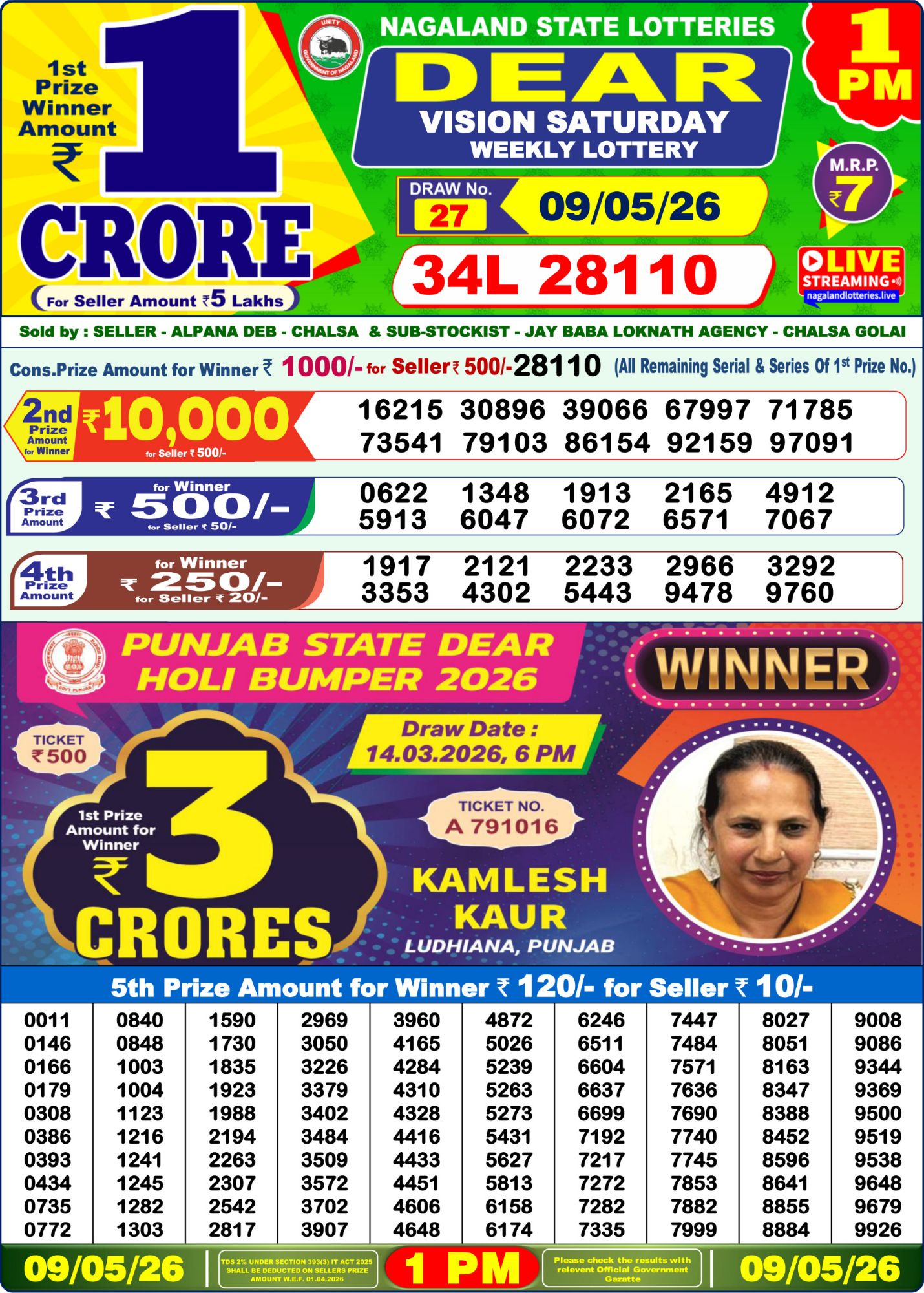Dear Lottery 1PM Result