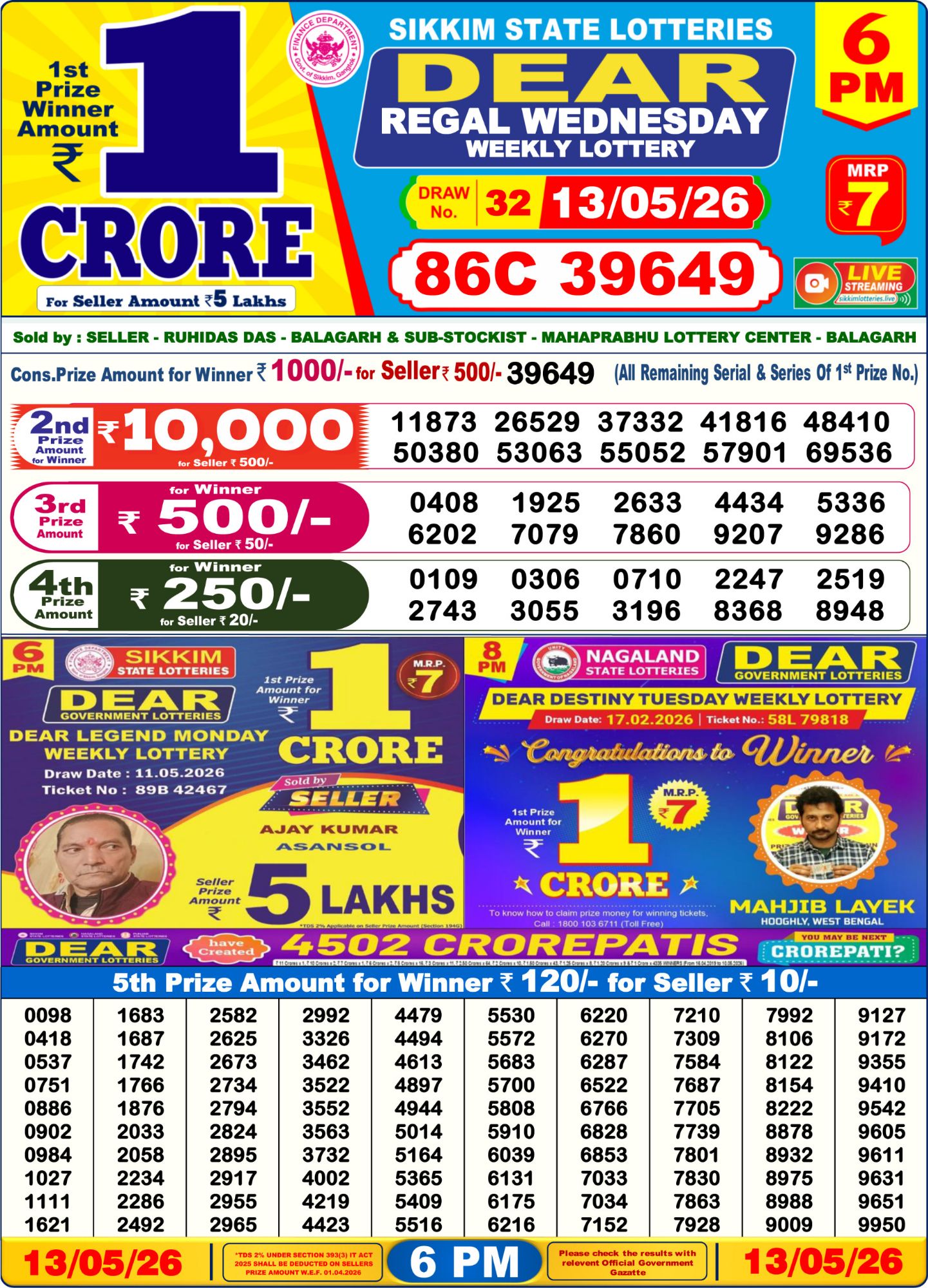 Lottery Sambad 6PM Result 13 05 26 Dear Regal Wednesday Weekly Lottery Result official chart Lottery Sambad 6PM Result 13 05 26 Dear Regal Wednesday Weekly Lottery Result official chart