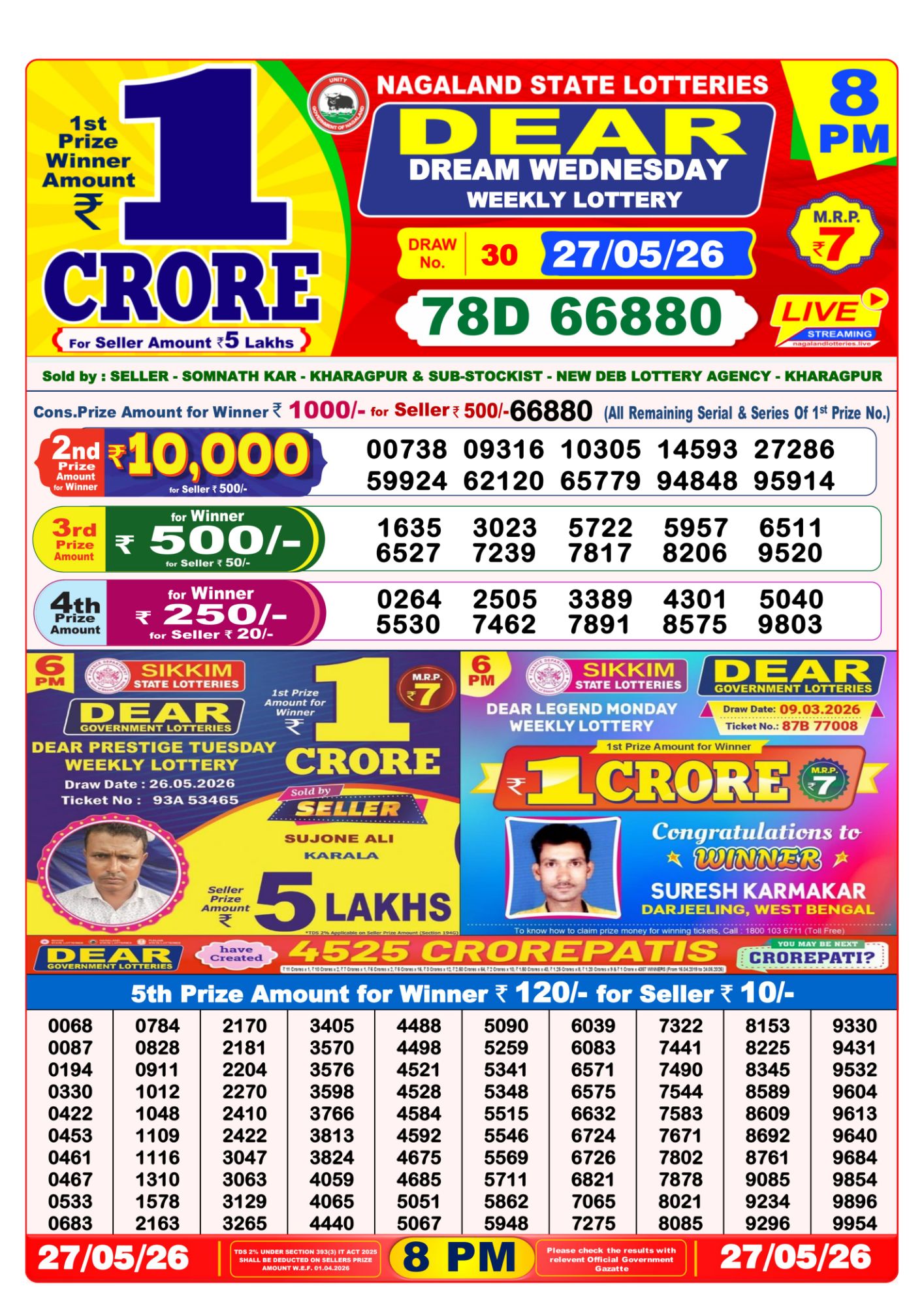Lottery Sambad 8PM Result 27 05 26 Dear Dream Wednesday Weekly Lottery Result official chart