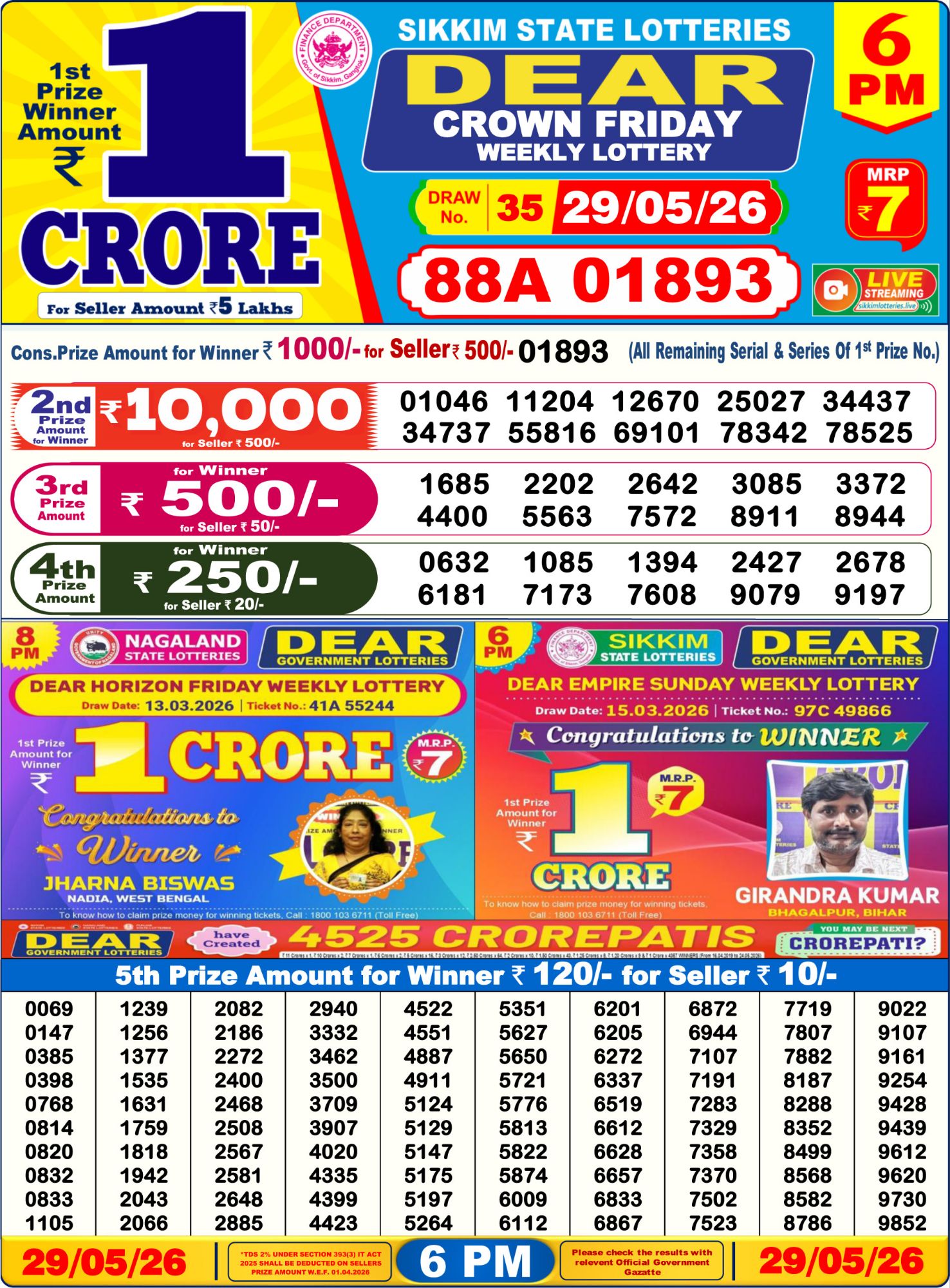 Lottery Sambad 6PM Result 29 05 26 Dear Crown Friday Weekly Lottery Result official chart Lottery Sambad 6PM Result 29 05 26 Dear Crown Friday Weekly Lottery Result official chart