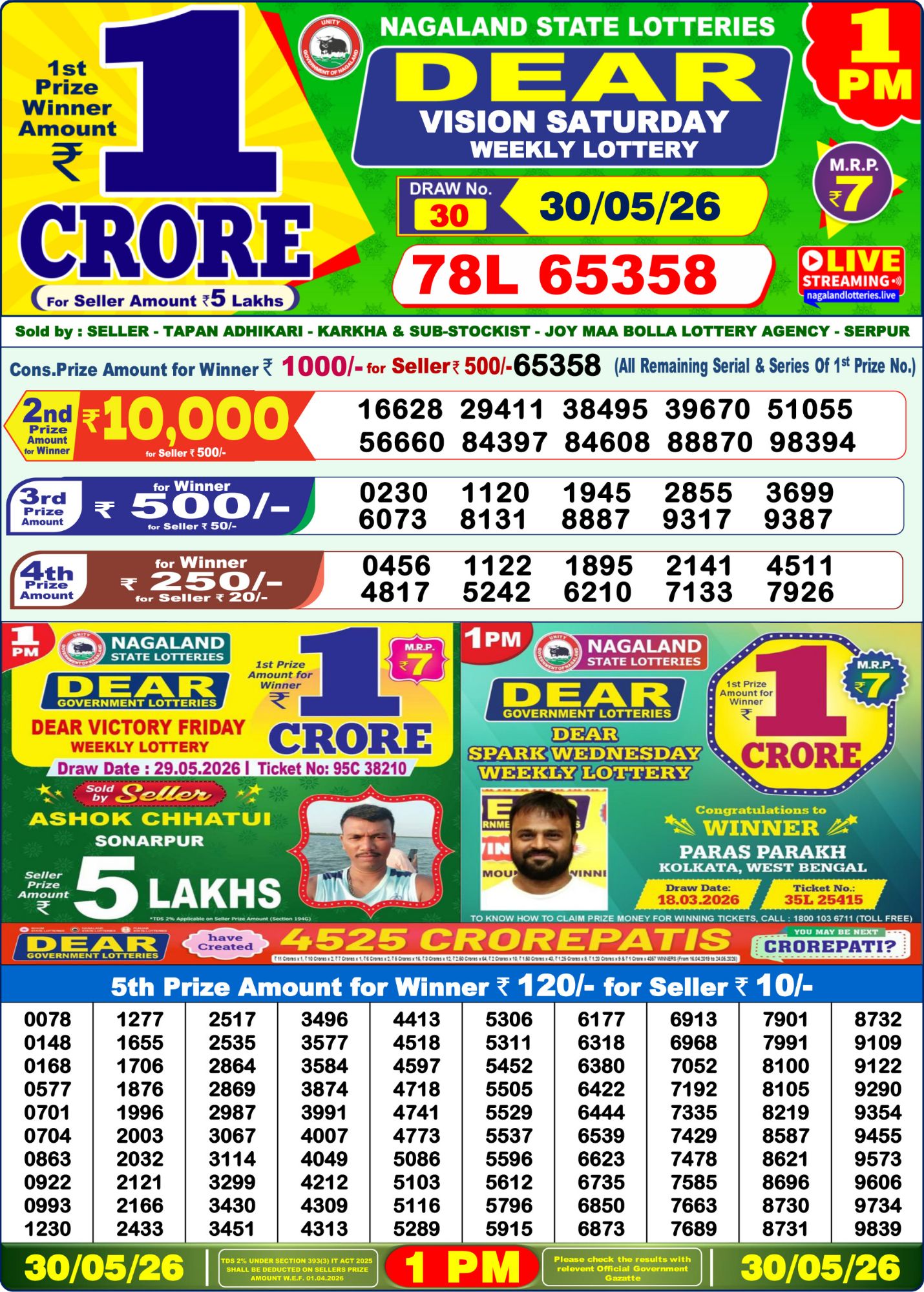Lottery Sambad 1PM Result 30 05 26 Dear Vision Saturday Weekly Lottery Result official chart
