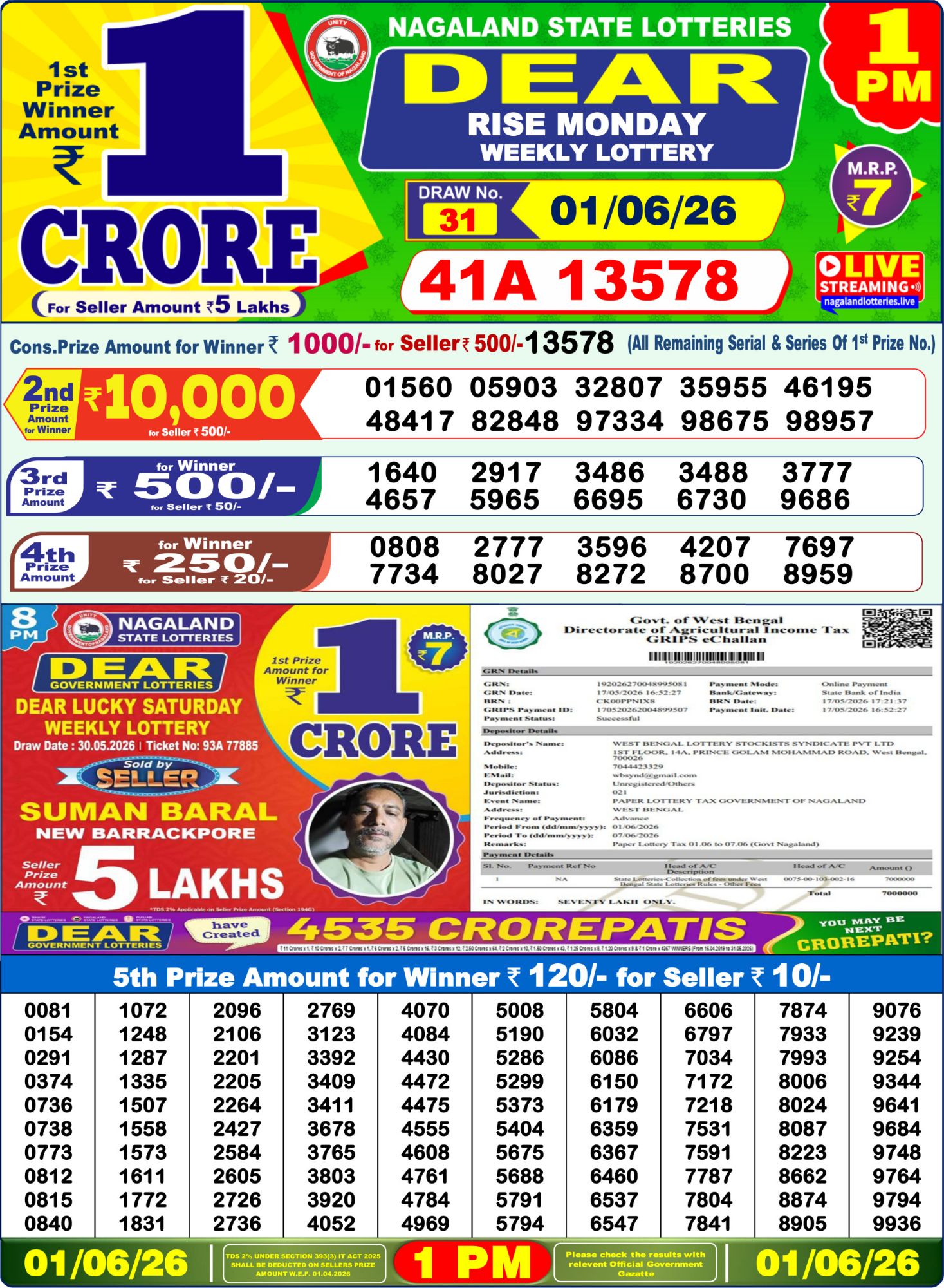 Lottery Sambad 1PM Result 01 06 26 Dear Rise Monday Weekly Lottery Result official chart