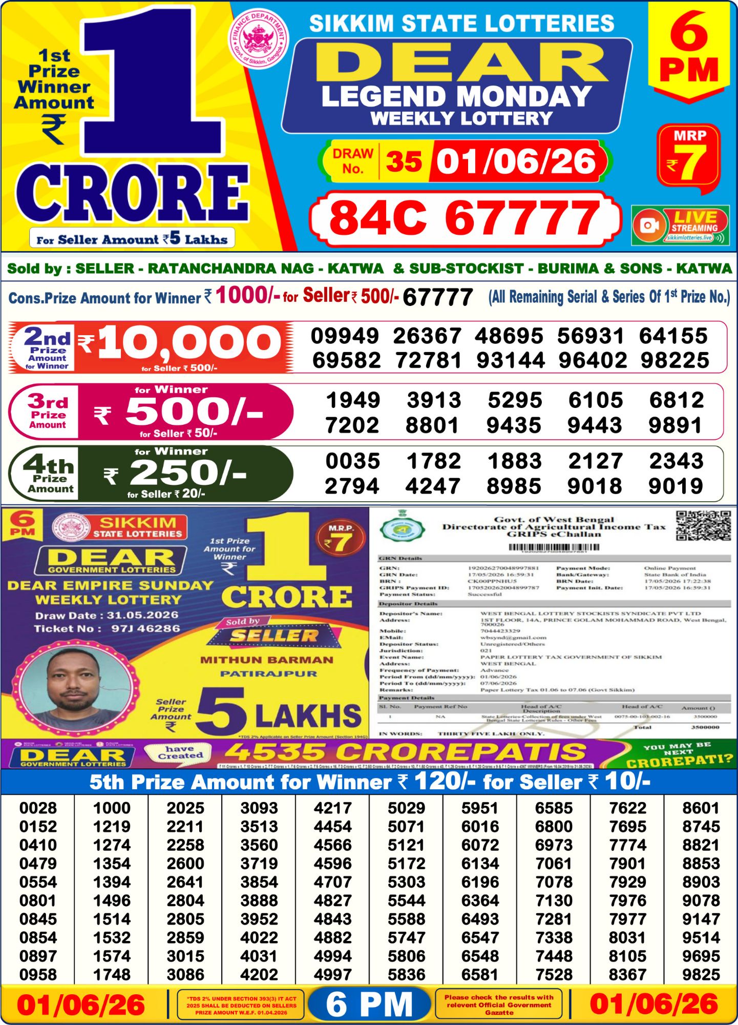 Lottery Sambad 6PM Result 01 06 26 Dear Legend Monday Weekly Lottery Result official chart