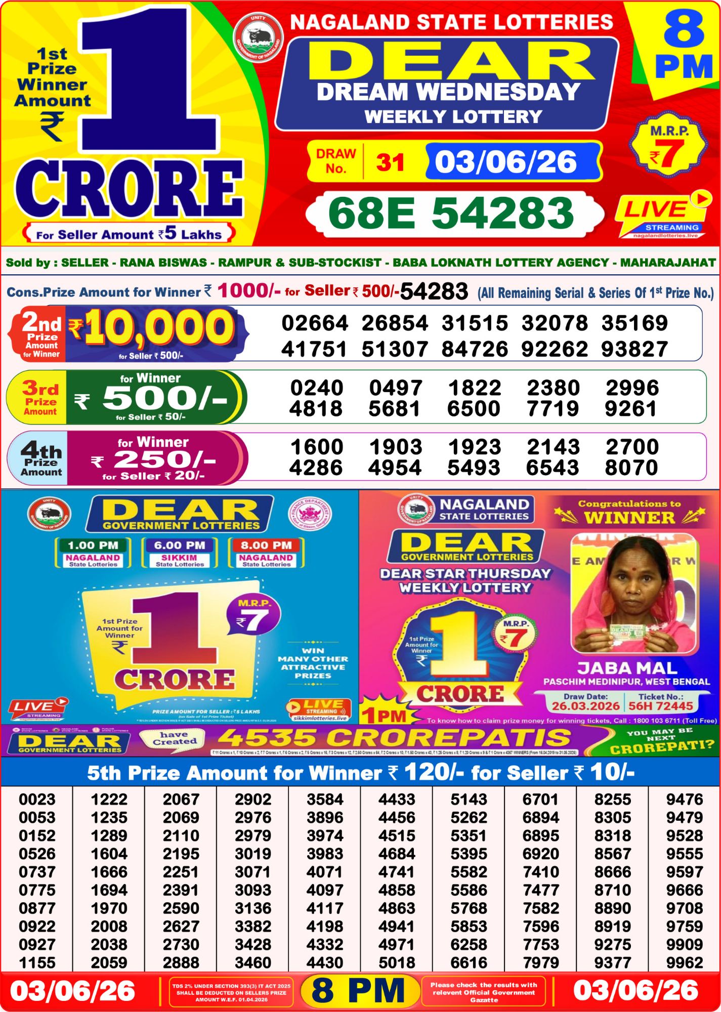 Lottery Sambad 8PM Result 03 06 26 Dear Dream Wednesday Weekly Lottery Result official chart