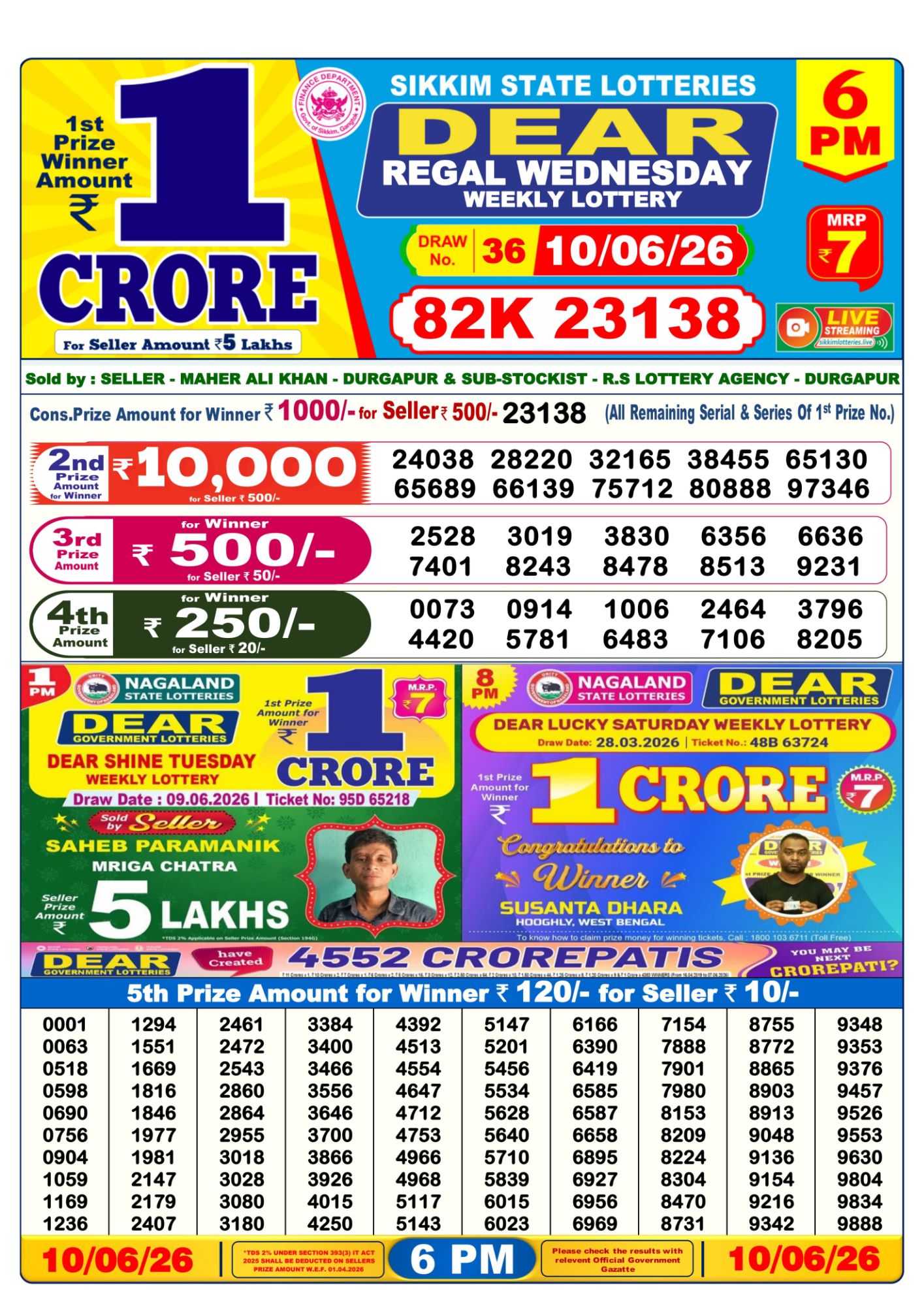 Lottery Sambad 6PM Result 10 06 26 Dear Regal Wednesday Weekly Lottery Result official chart