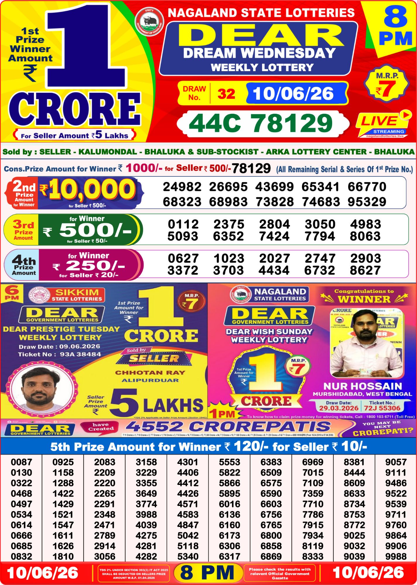 Lottery Sambad 8PM Result 10 06 26 Dear Dream Wednesday Weekly Lottery Result official chart