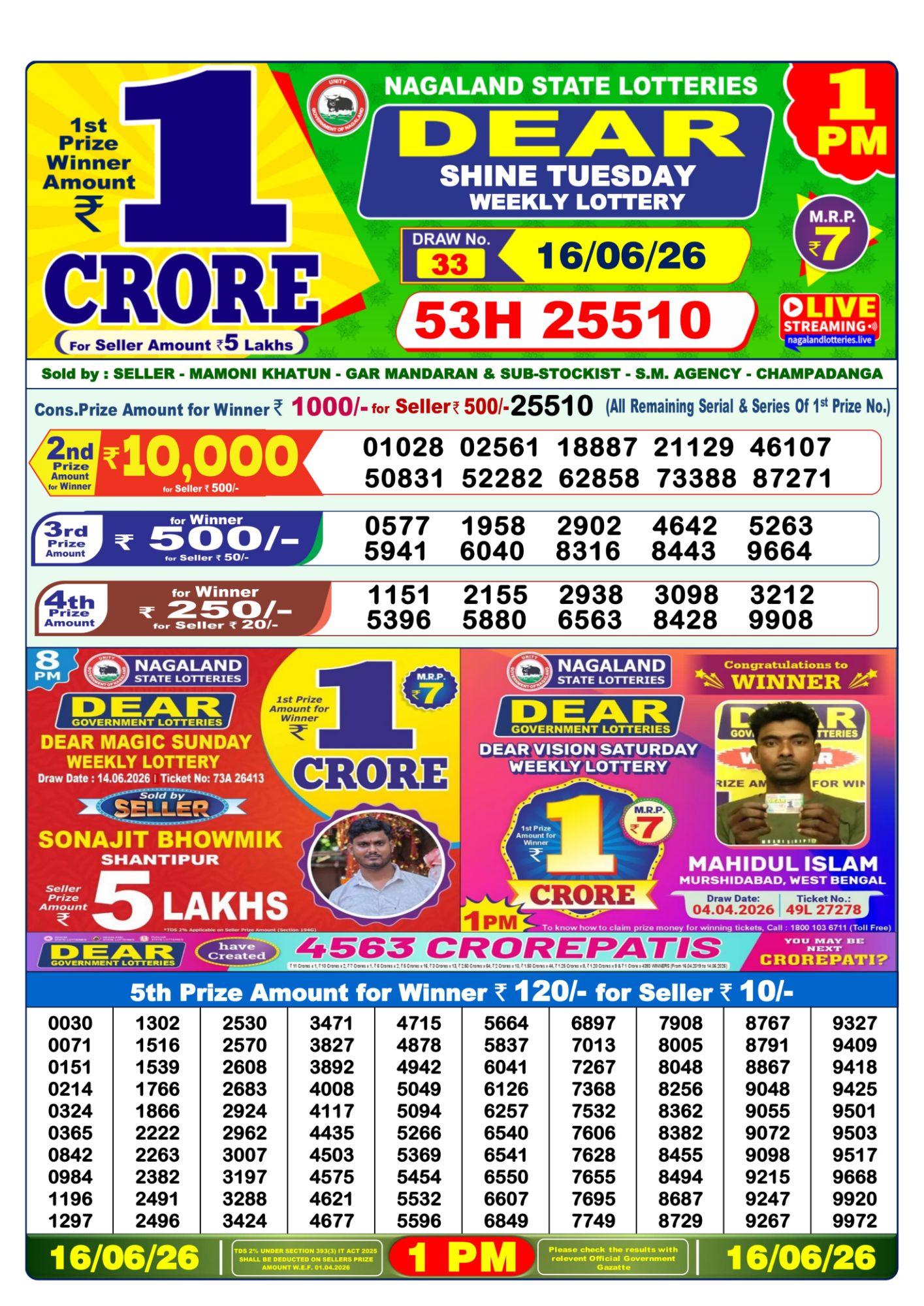 Lottery Sambad 1PM Result 16 06 26 Dear Shine Tuesday Weekly Lottery Result official chart