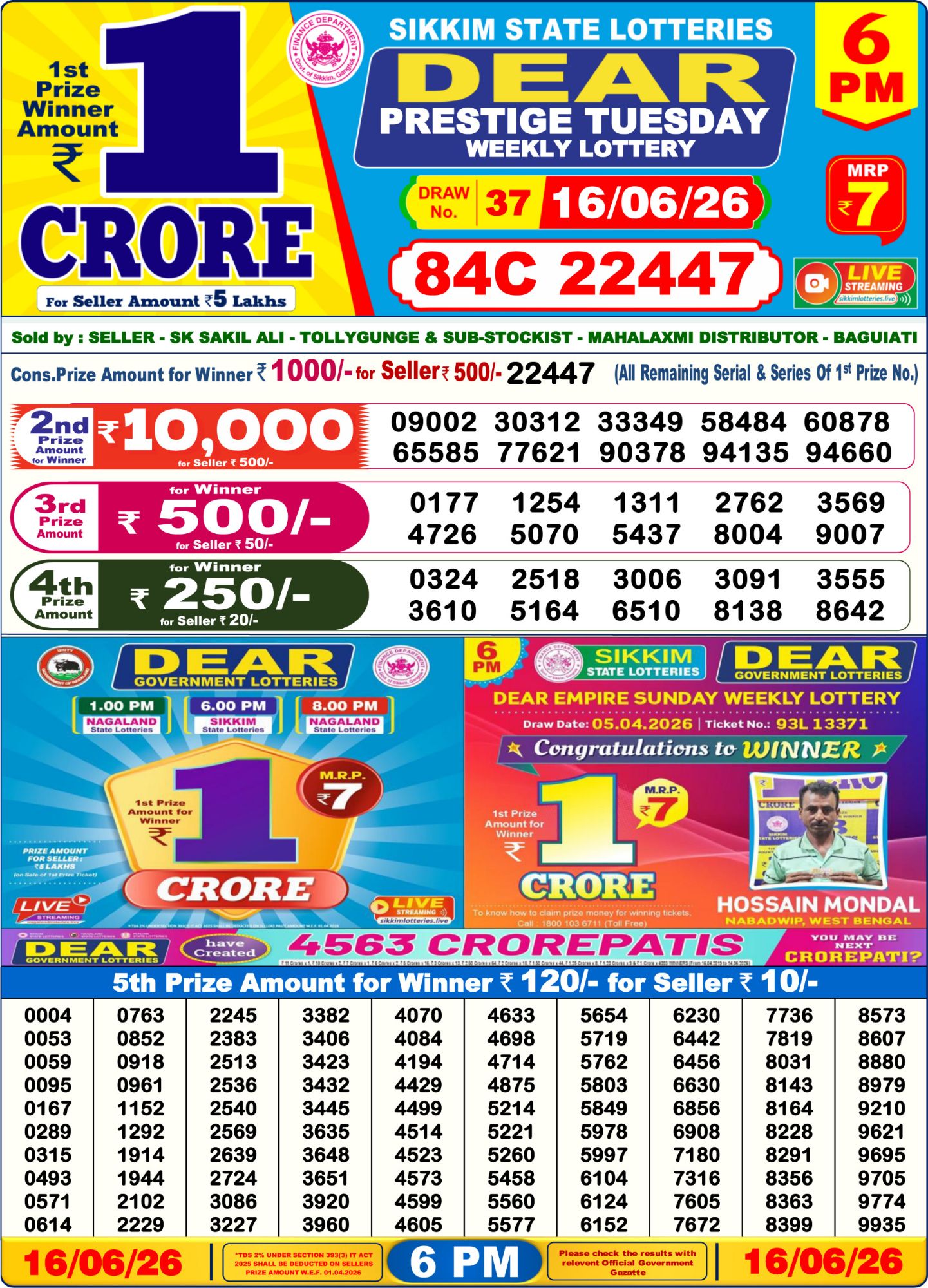Lottery Sambad 6PM Result 16 06 26 Dear Prestige Tuesday Weekly Lottery Result official chart