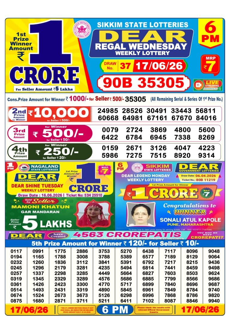 Lottery Sambad 6PM Result 17 06 26 Dear Regal Wednesday Weekly Lottery Result official chart