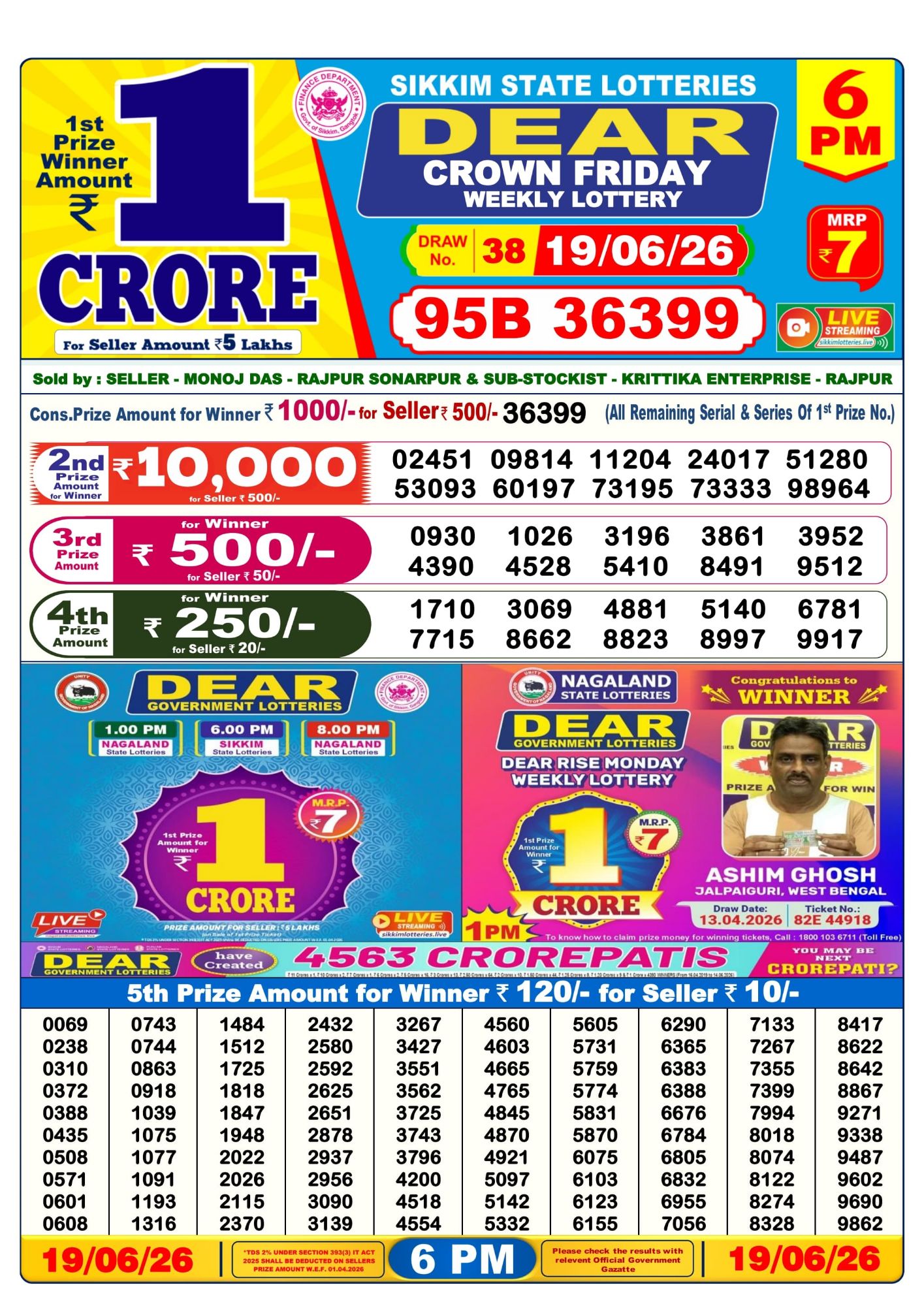Lottery Sambad 6PM Result 19 06 26 Dear Crown Friday Weekly Lottery Result official chart