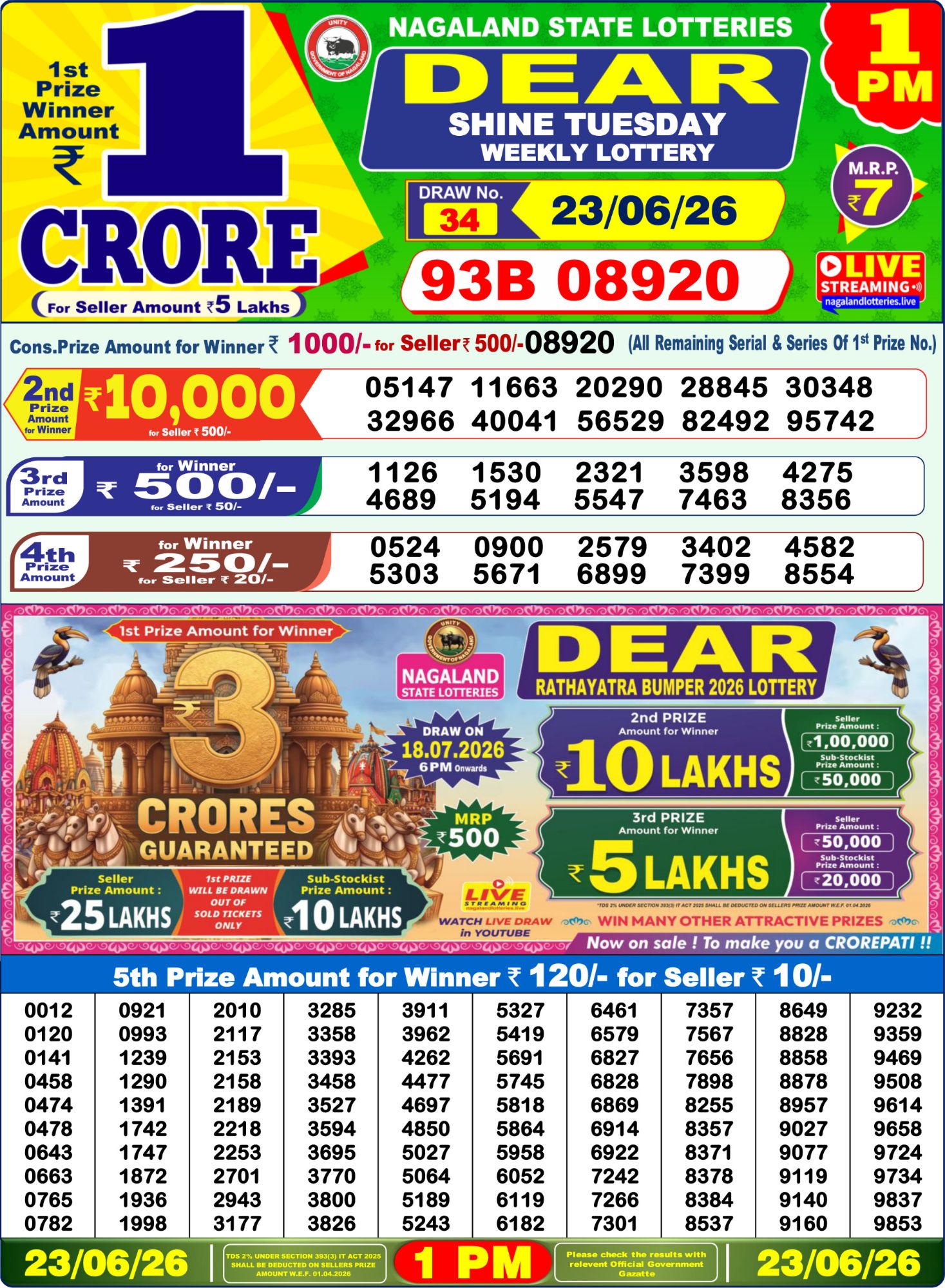 Lottery Sambad 1PM Result 23 06 26 Dear Shine Tuesday Weekly Lottery Result official chart