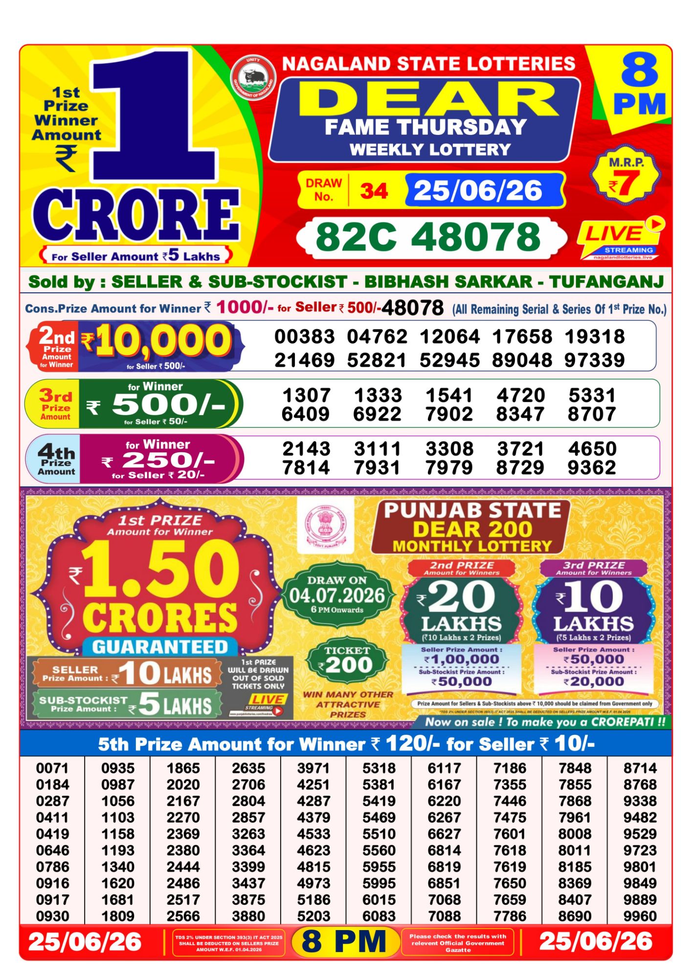 Lottery Sambad 8PM Result 25 06 26 Dear Fame Thursday Weekly Lottery Result official chart