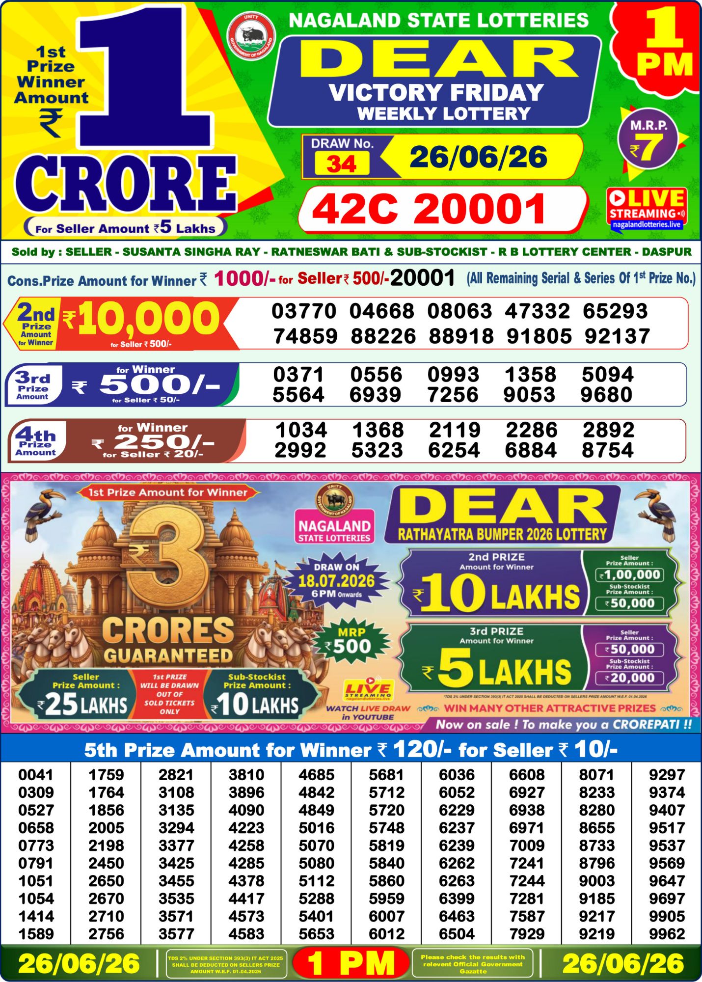 Lottery Sambad 1PM Result 26 06 26 Dear Victory Friday Weekly Lottery Result official chart