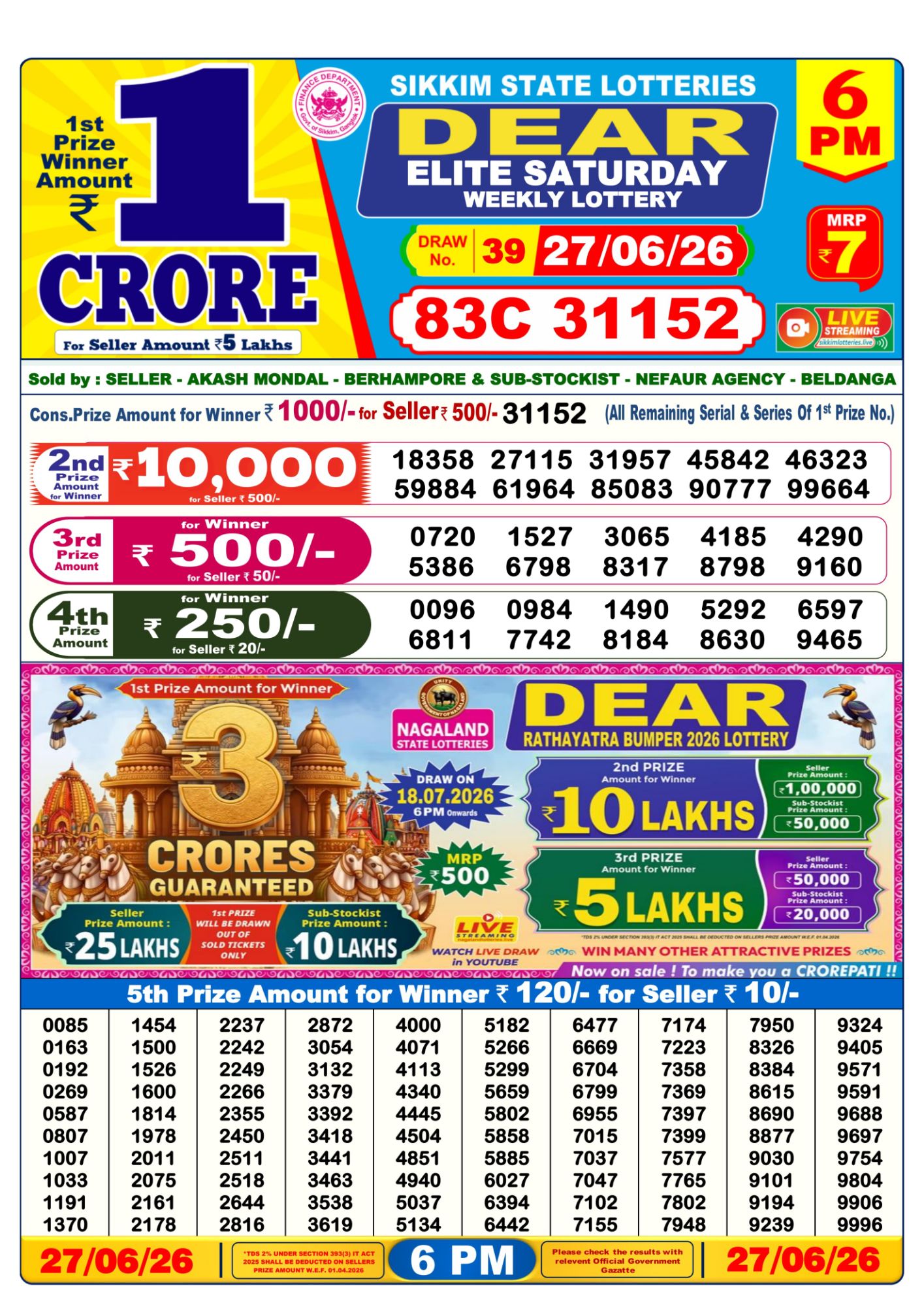 Lottery Sambad 6PM Result 27 06 26 Dear Elite Saturday Weekly Lottery Result official chart Lottery Sambad 6PM Result 27 06 26 Dear Elite Saturday Weekly Lottery Result official chart