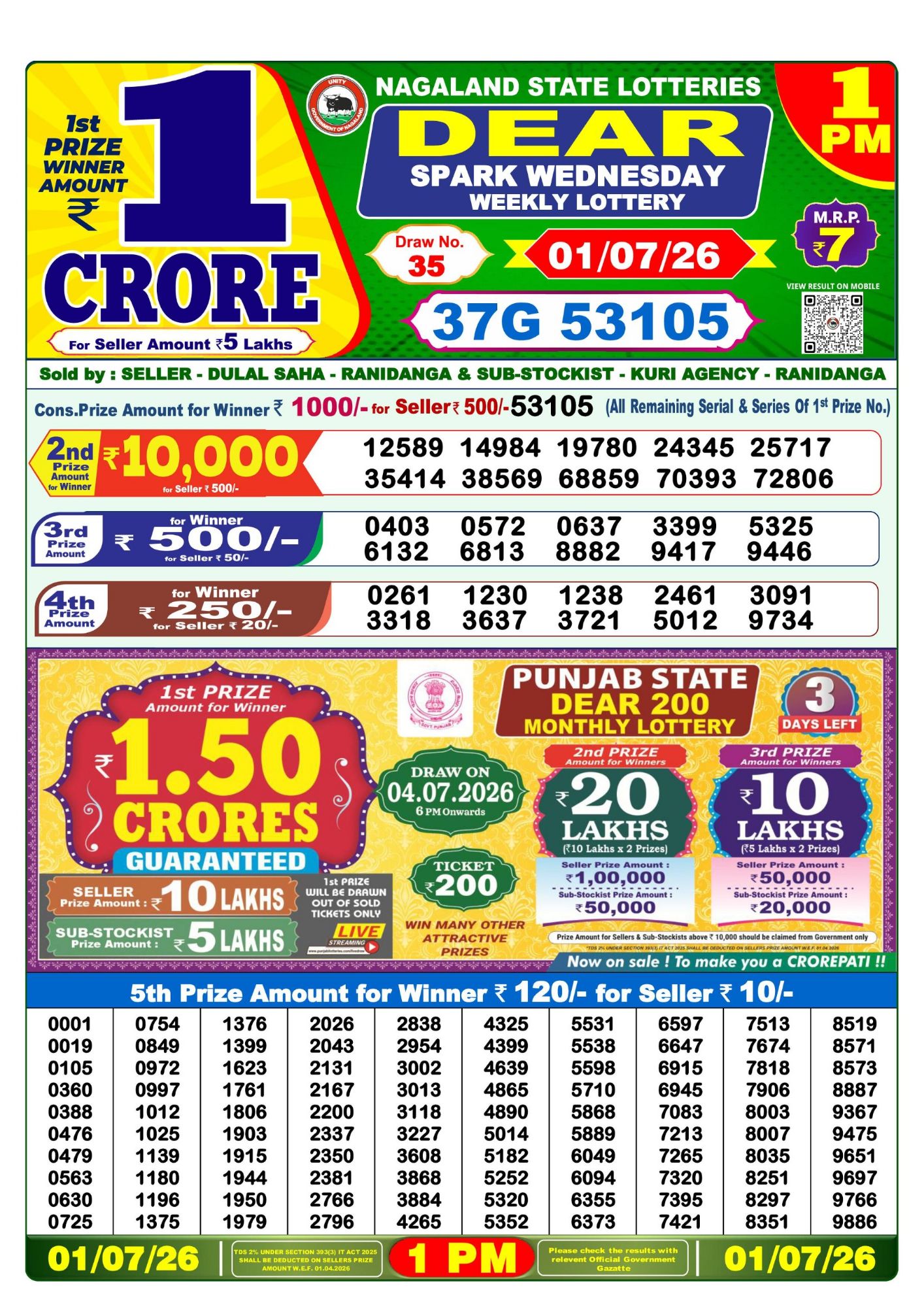 Lottery Sambad 1PM Result 01 07 26 Dear Spark Wednesday Weekly Lottery Result official chart
