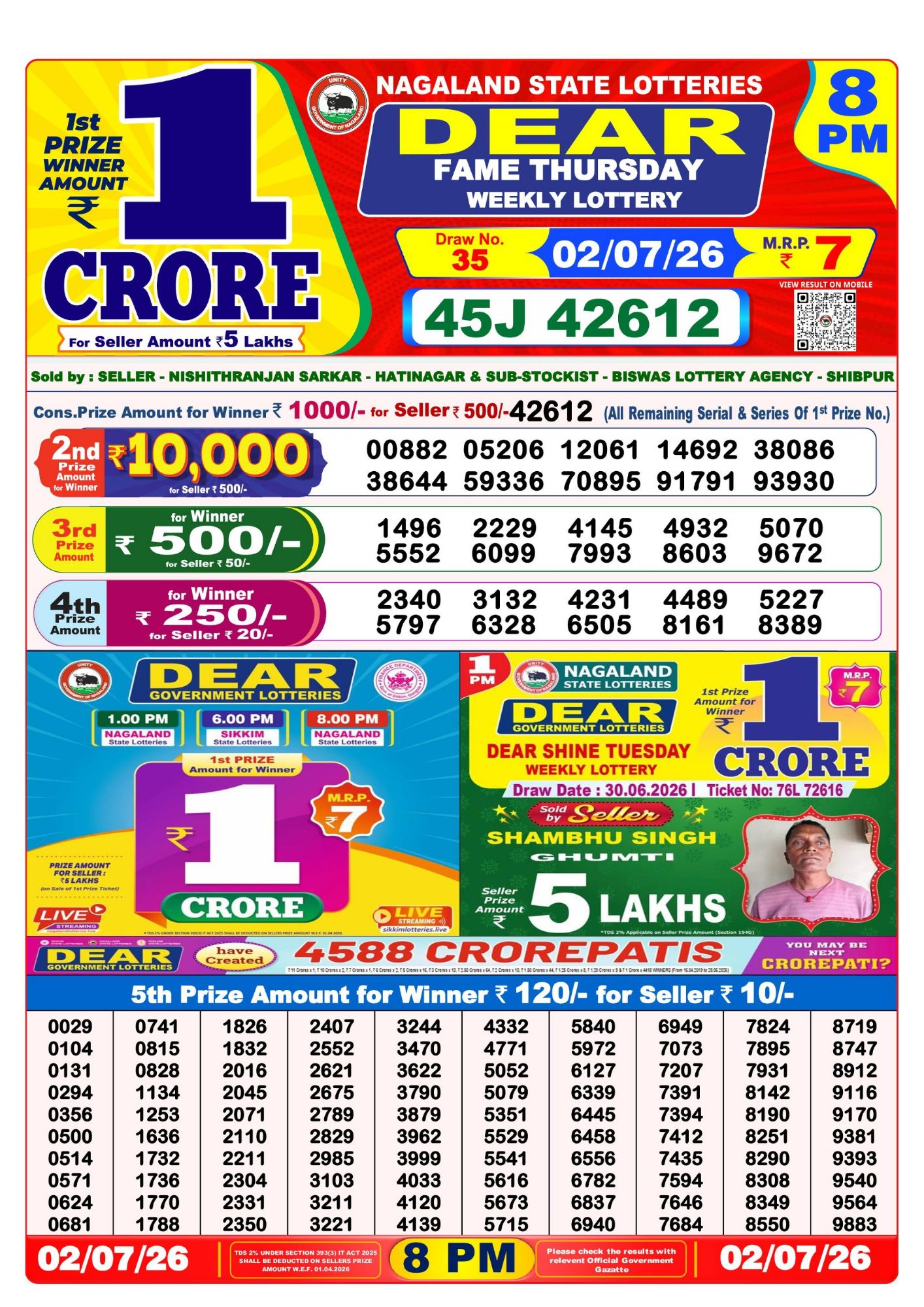 Lottery Sambad 8PM Result 02 07 26 Dear Fame Thursday Weekly Lottery Result official chart