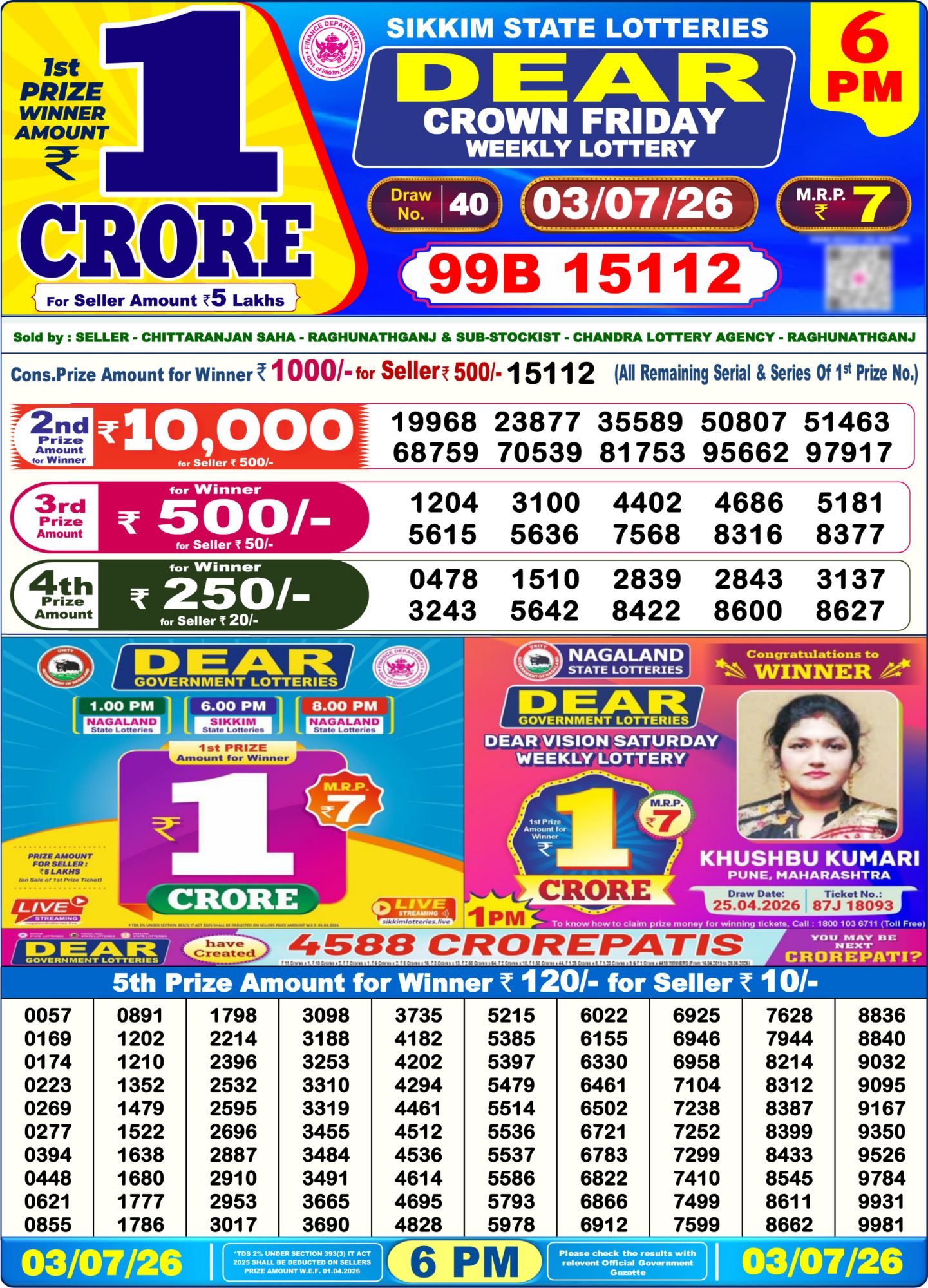 Lottery Sambad 6PM Result 03 07 26 Dear Crown Friday Weekly Lottery Result official chart