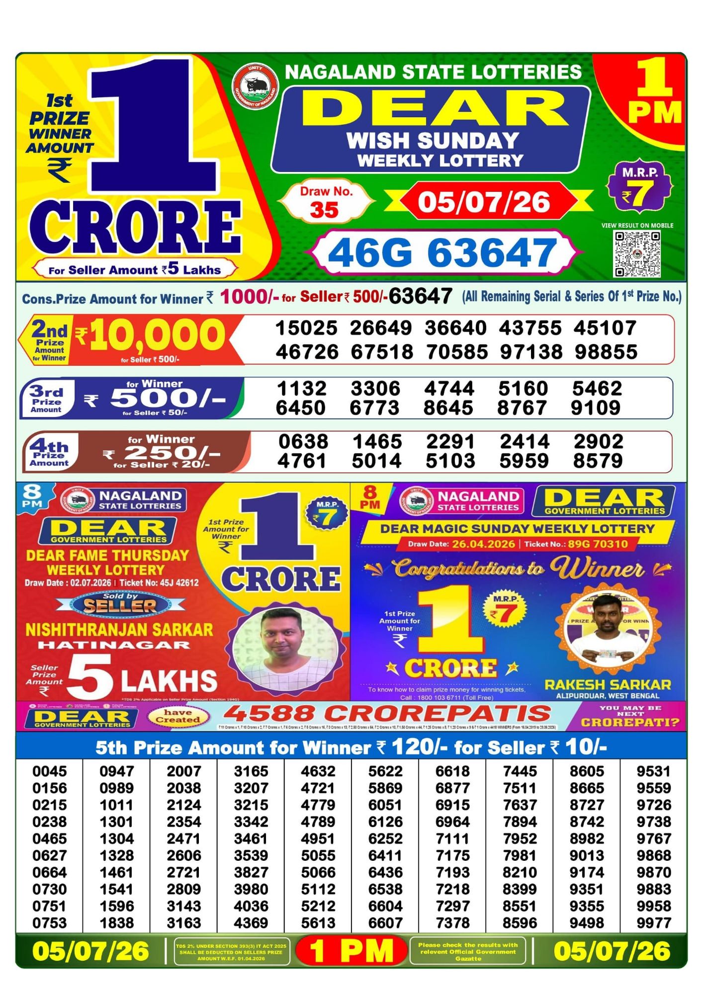 Lottery Sambad 1PM Result 05 07 26 Dear Wish Sunday Weekly Lottery Result official chart
