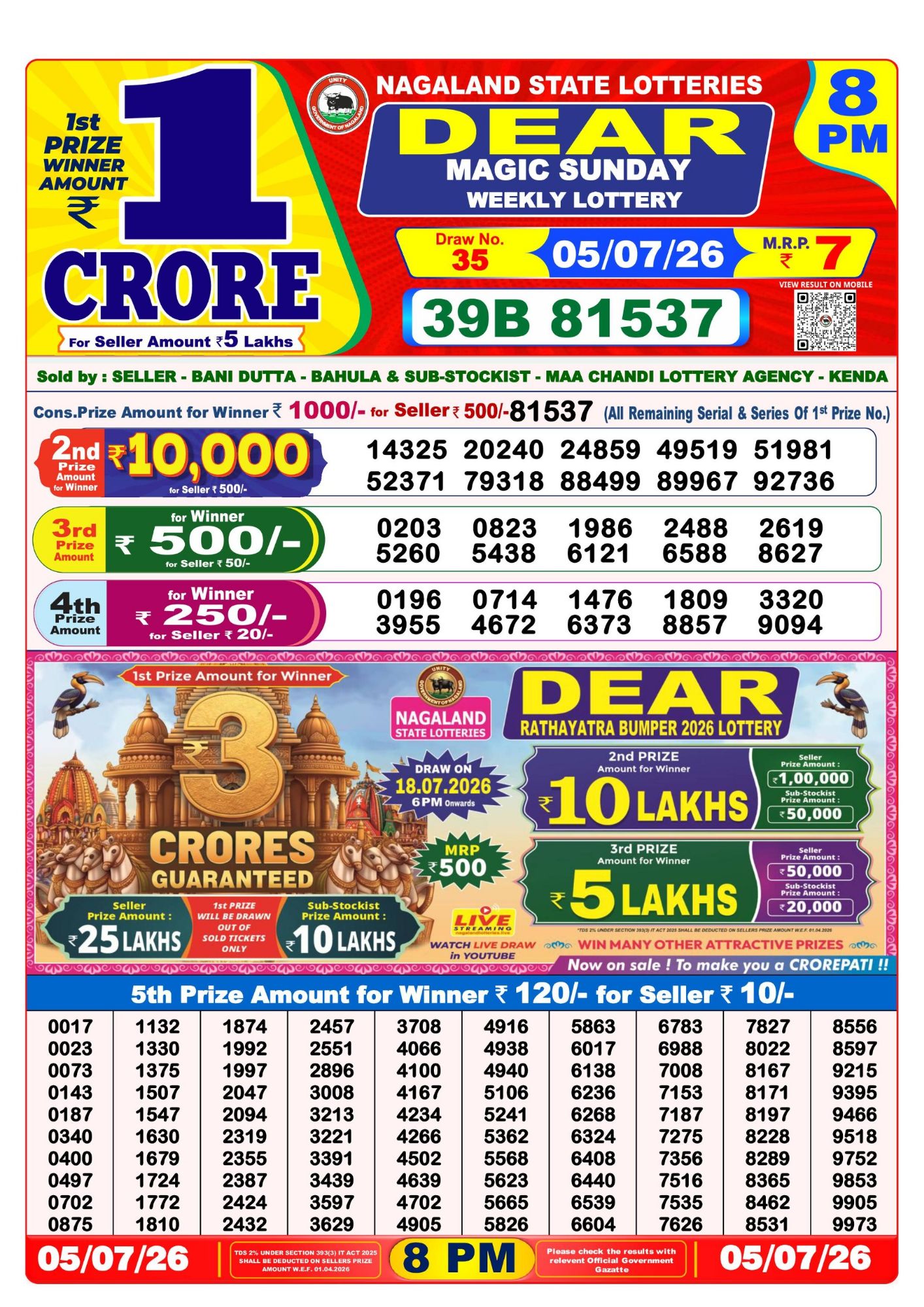 Lottery Sambad 8PM Result 05 07 26 Dear Magic Sunday Weekly Lottery Result official chart