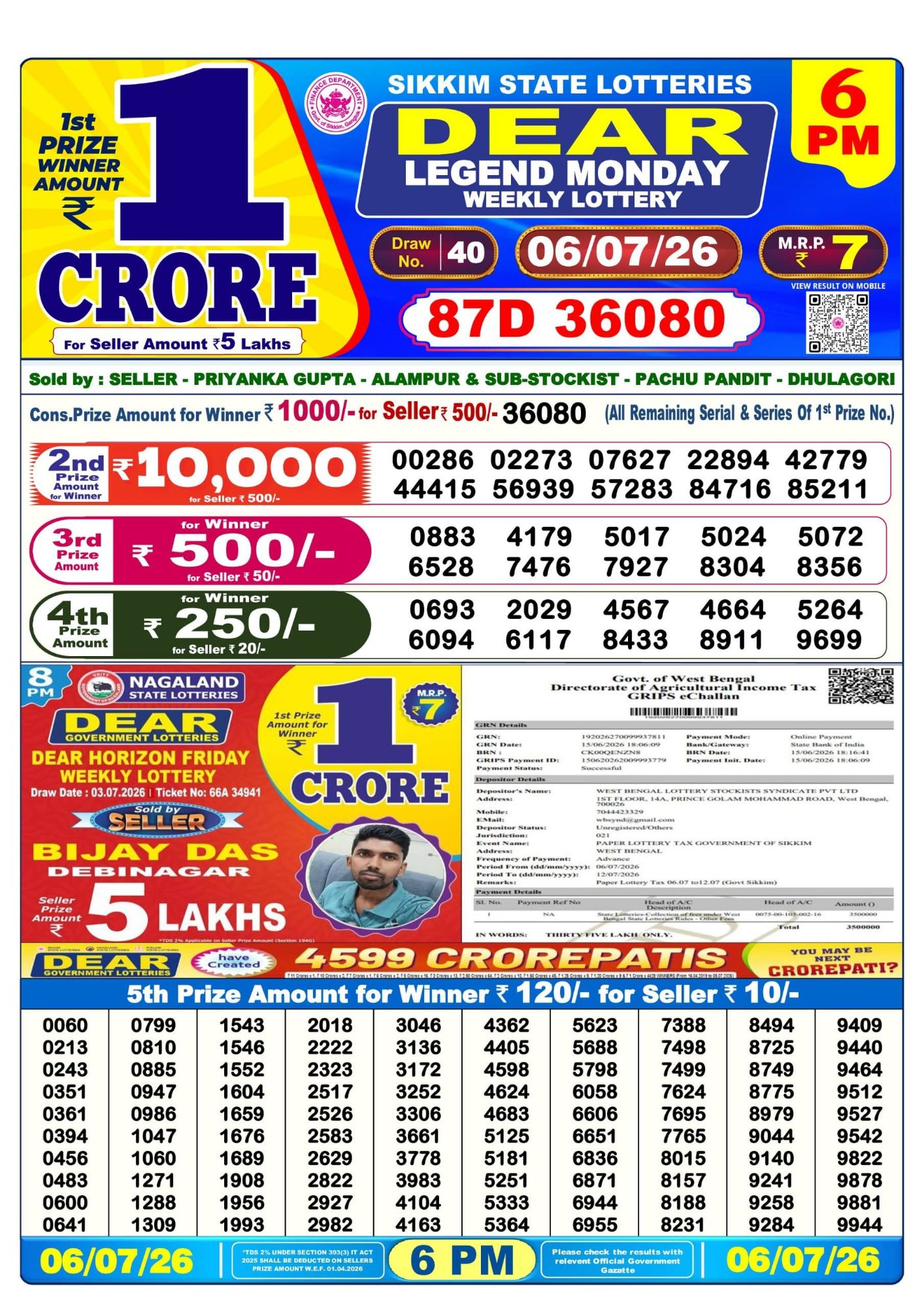 Lottery Sambad 6PM Result 06 07 26 Dear Legend Monday Weekly Lottery Result official chart Lottery Sambad 6PM Result 06 07 26 Dear Legend Monday Weekly Lottery Result official chart