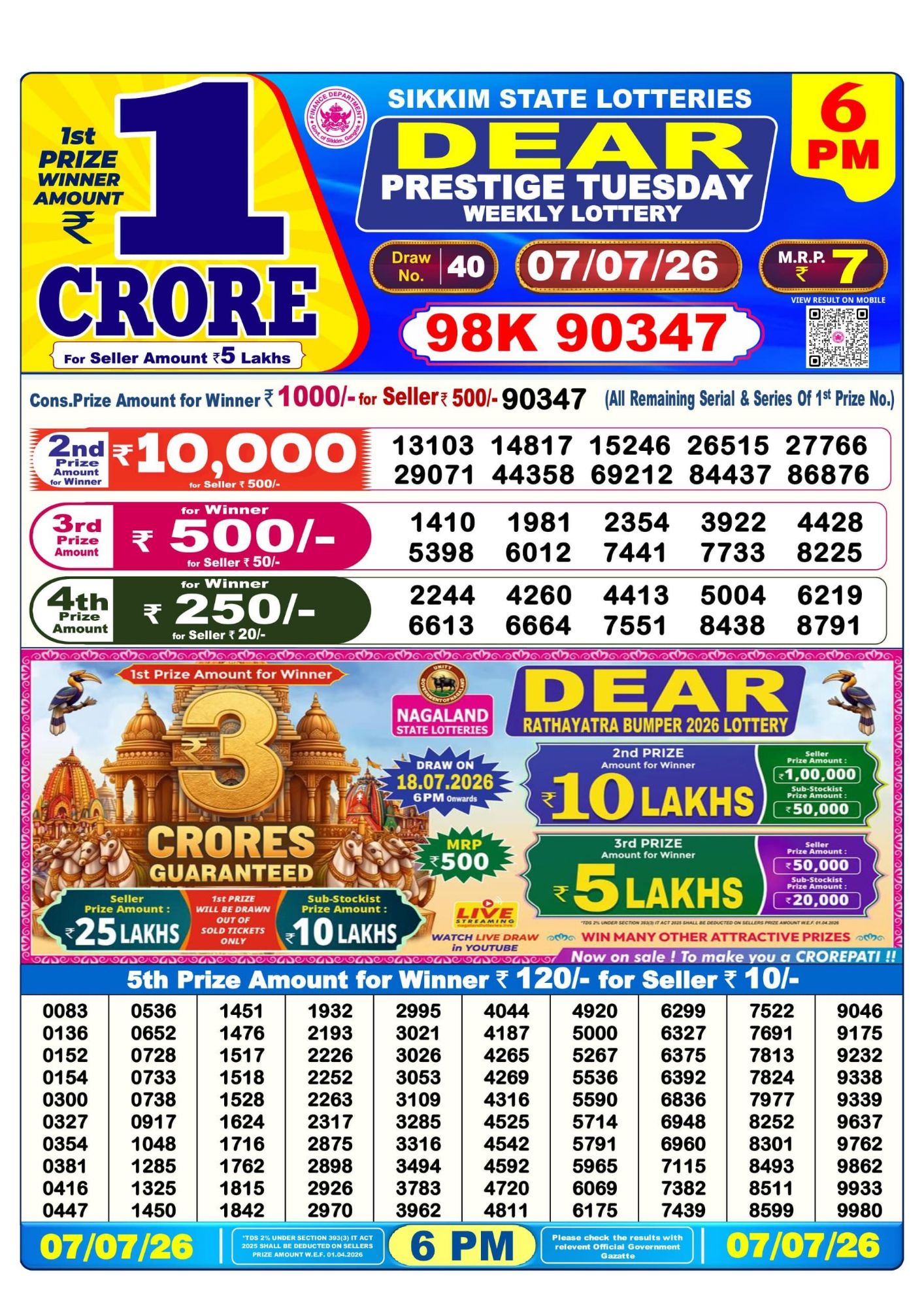 Lottery Sambad 6PM Result 07 07 26 Dear Prestige Tuesday Weekly Lottery Result official chart Lottery Sambad 6PM Result 07 07 26 Dear Prestige Tuesday Weekly Lottery Result official chart