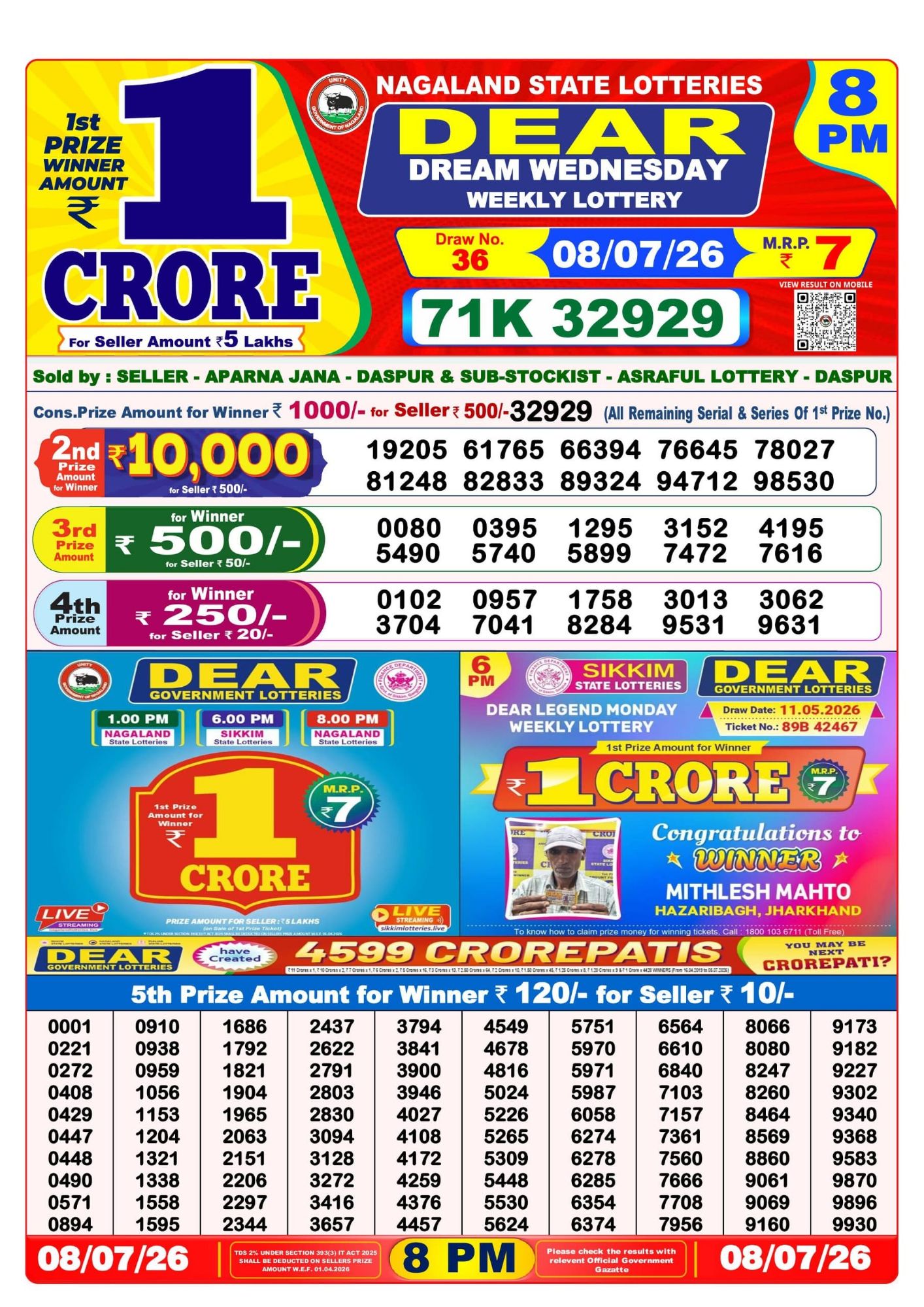 Lottery Sambad 8PM Result 08 07 26 Dear Dream Wednesday Weekly Lottery Result official chart Lottery Sambad 8PM Result 08 07 26 Dear Dream Wednesday Weekly Lottery Result official chart