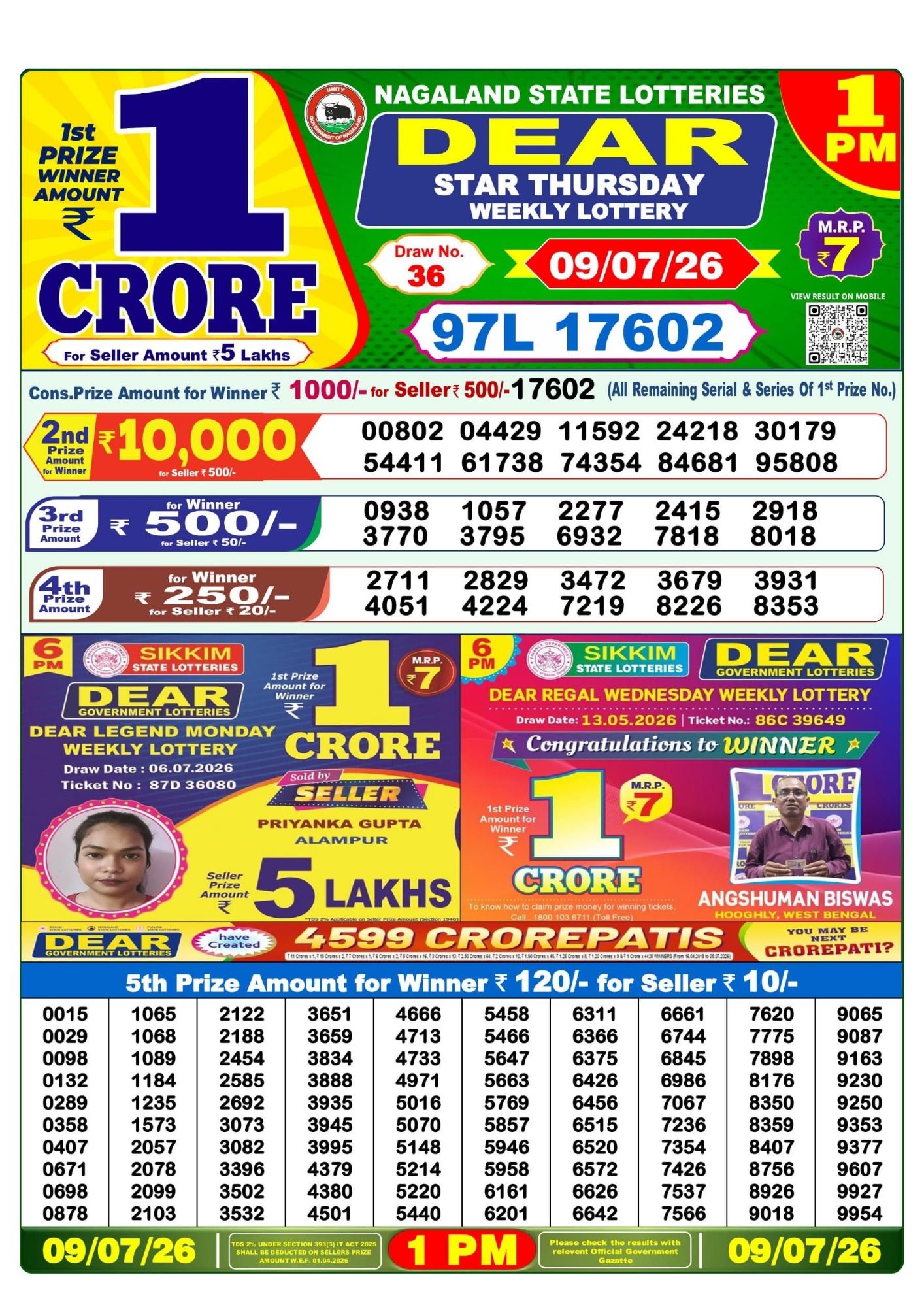 Lottery Sambad 1PM Result 09 07 26 Dear Star Thursday Weekly Lottery Result official chart