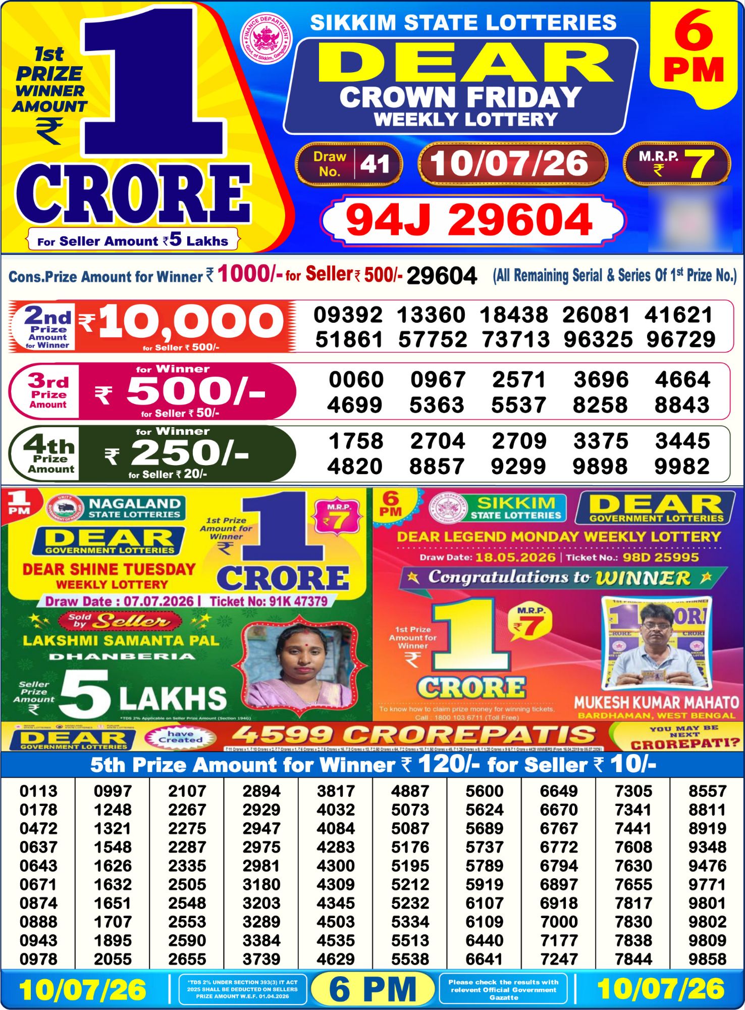 Lottery Sambad 6PM Result 10 07 26 Dear Crown Friday Weekly Lottery Result official chart Lottery Sambad 6PM Result 10 07 26 Dear Crown Friday Weekly Lottery Result official chart