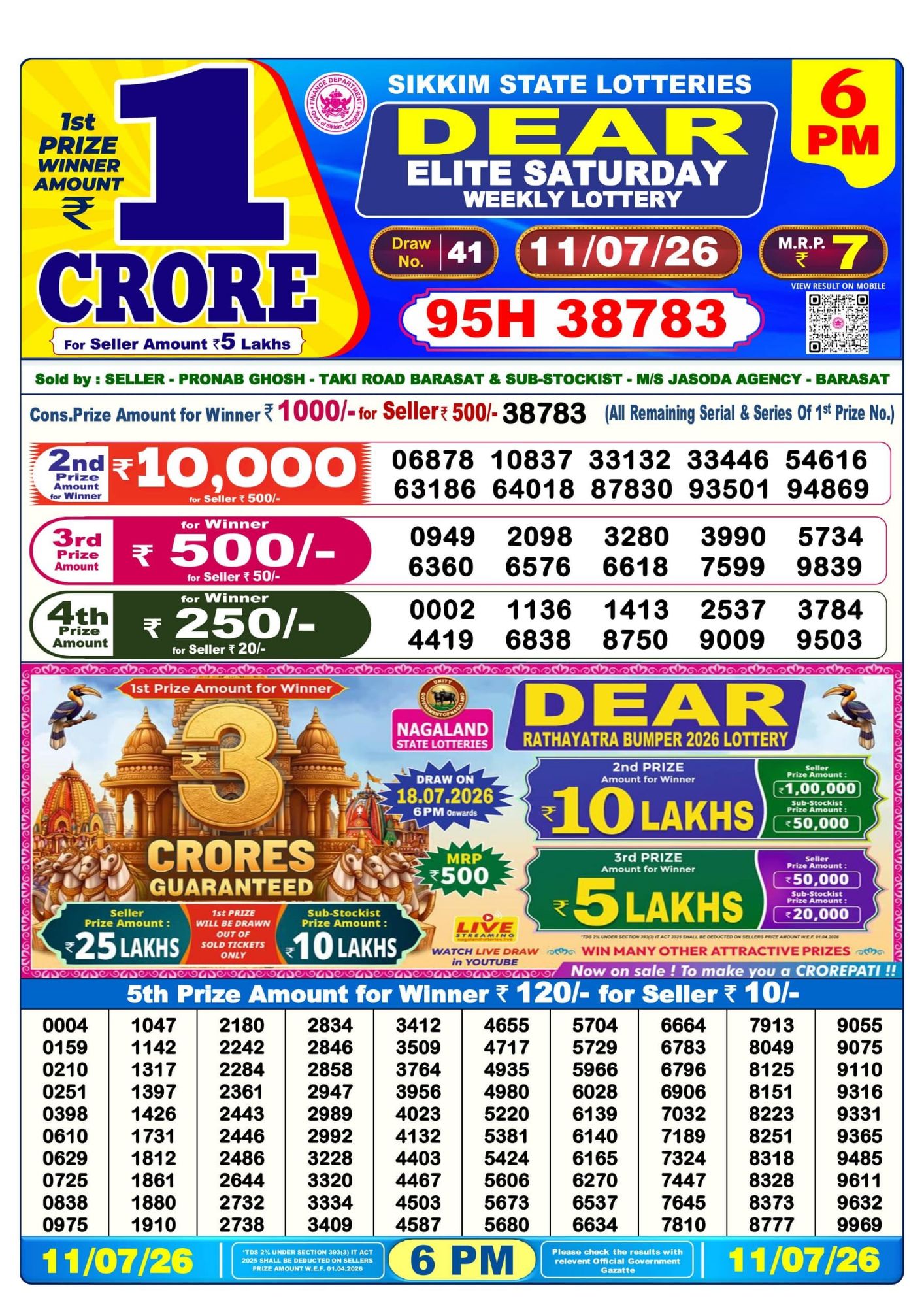 Lottery Sambad 6PM Result 11 07 26 Dear Elite Saturday Weekly Lottery Result official chart Lottery Sambad 6PM Result 11 07 26 Dear Elite Saturday Weekly Lottery Result official chart