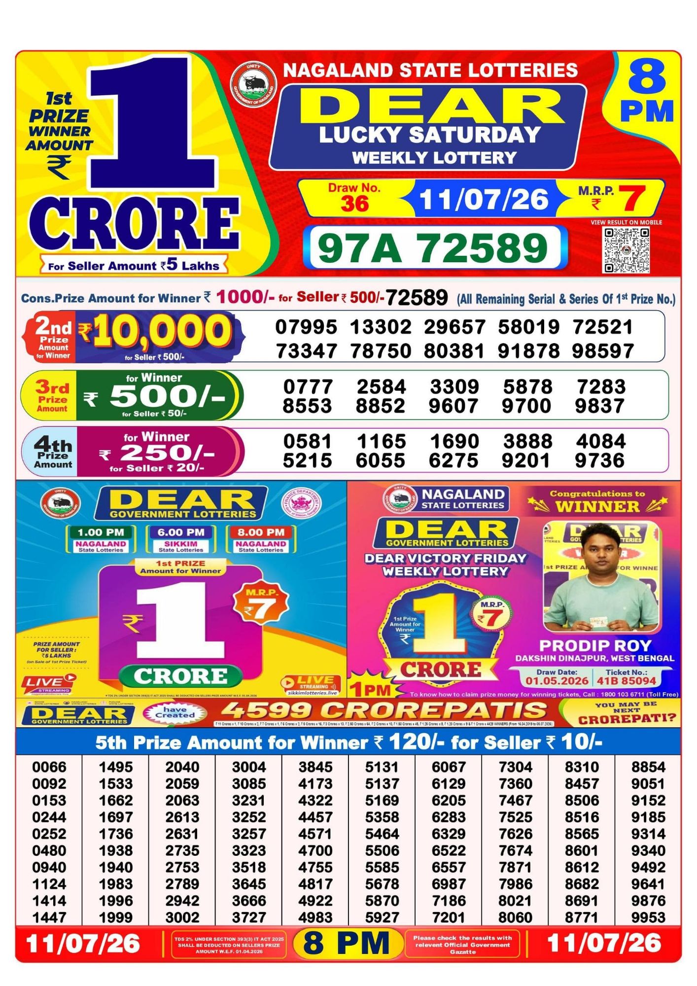 Lottery Sambad 8PM Result 11 07 26 Dear Lucky Saturday Weekly Lottery Result official chart Lottery Sambad 8PM Result 11 07 26 Dear Lucky Saturday Weekly Lottery Result official chart