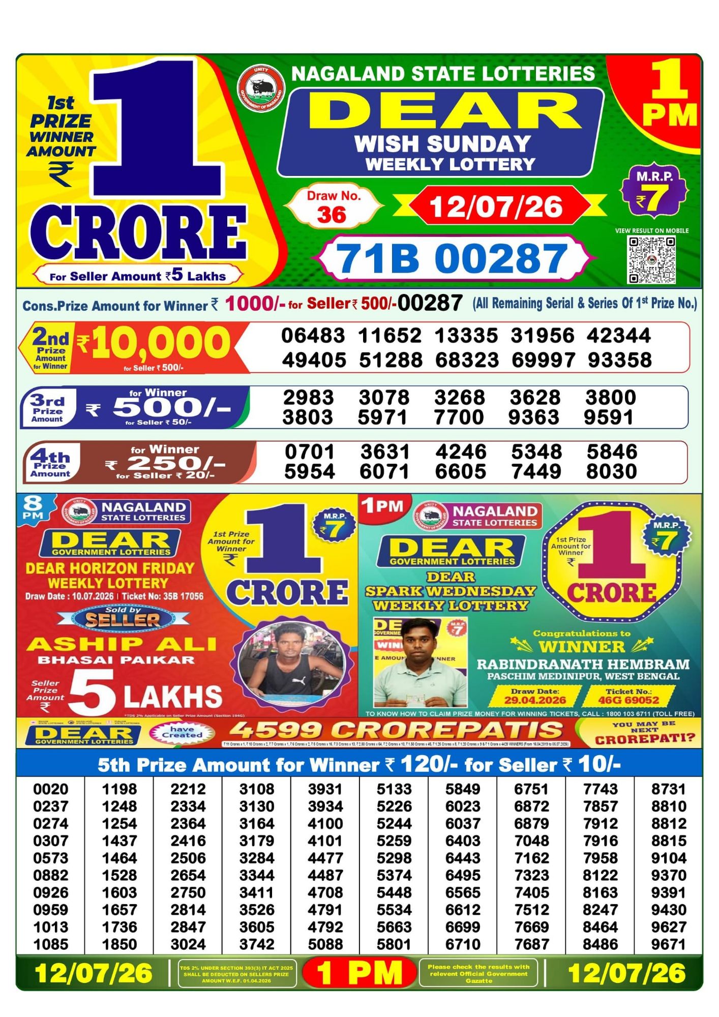 Lottery Sambad 1PM Result 12 07 26 Dear Wish Sunday Weekly Lottery Result official chart