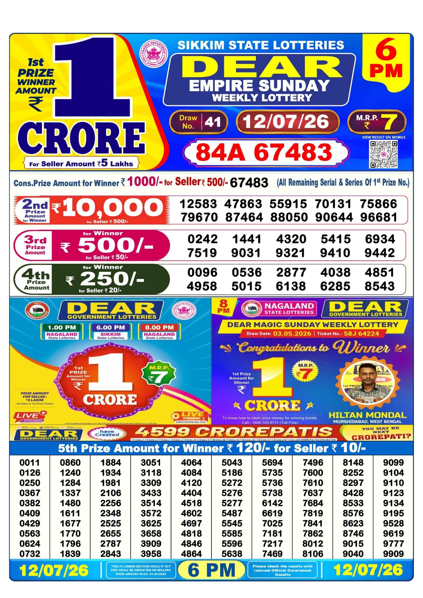 Lottery Sambad 6PM Result 12 07 26 Dear Empire Sunday Weekly Lottery Result official chart