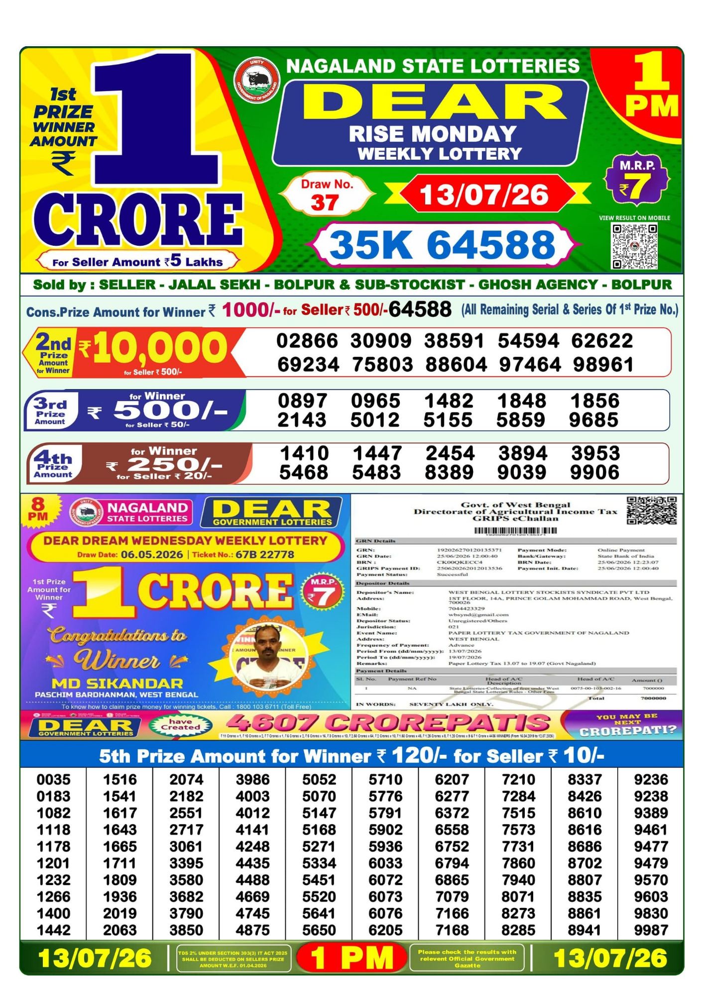 Lottery Sambad 1PM Result 13 07 26 Dear Rise Monday Weekly Lottery Result official chart Lottery Sambad 1PM Result 13 07 26 Dear Rise Monday Weekly Lottery Result official chart