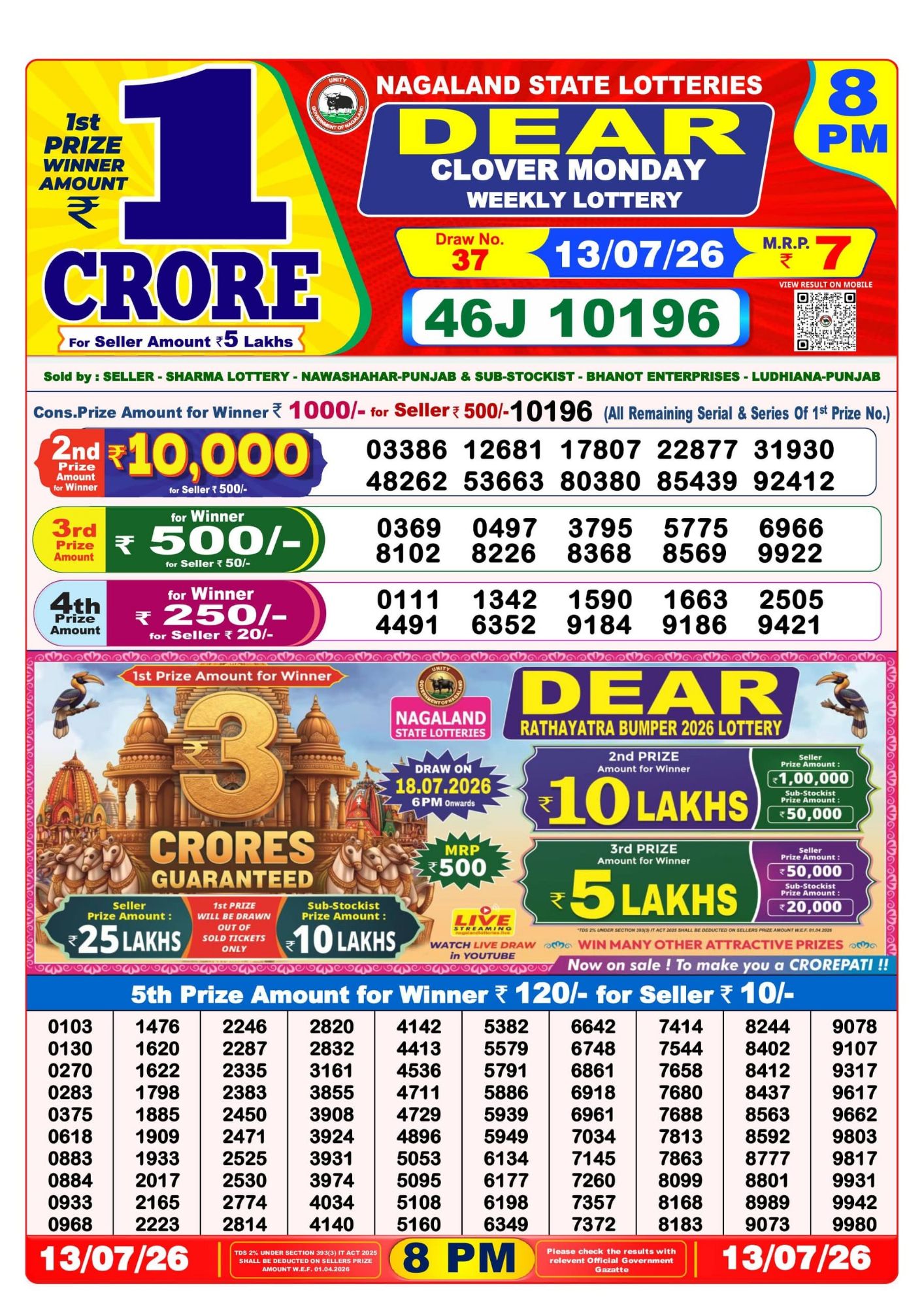 Lottery Sambad 8PM Result 13 07 26 Dear Clover Monday Weekly Lottery Result official chart Lottery Sambad 8PM Result 13 07 26 Dear Clover Monday Weekly Lottery Result official chart