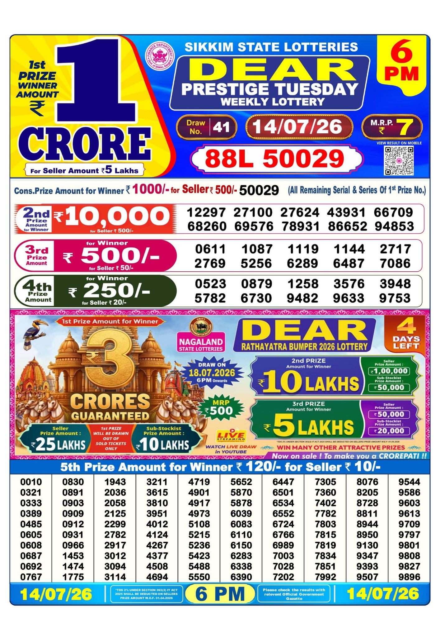 Lottery Sambad 6PM Result 14 07 26 Dear Prestige Tuesday Weekly Lottery Result official chart