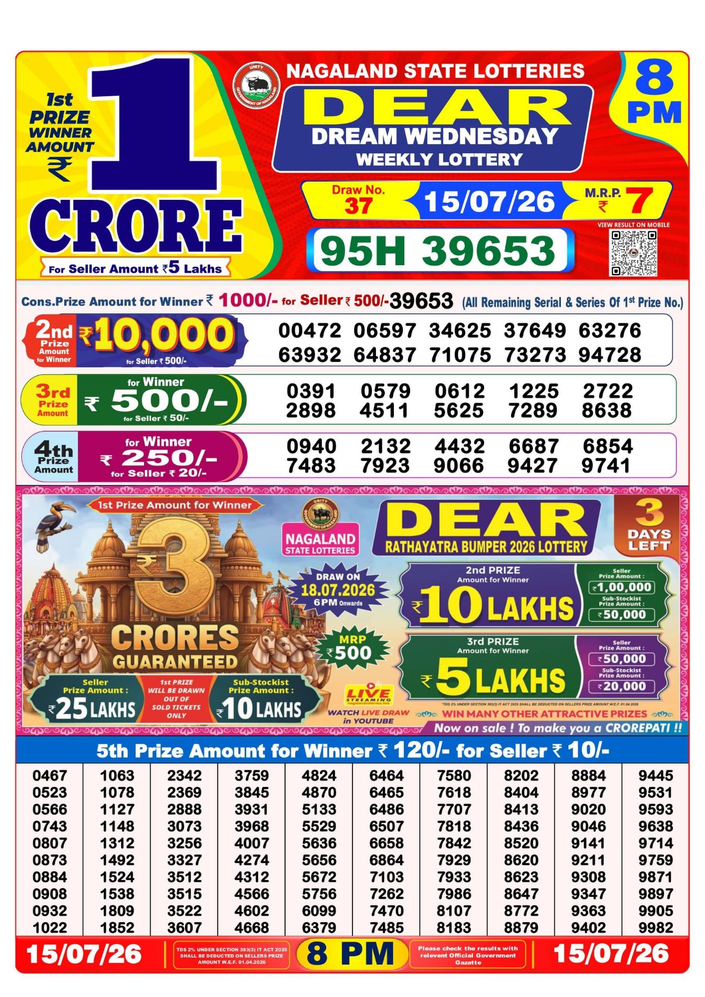 Lottery Sambad 8PM Result 15 07 26 Dear Dream Wednesday Weekly Lottery Result official chart Lottery Sambad 8PM Result 15 07 26 Dear Dream Wednesday Weekly Lottery Result official chart