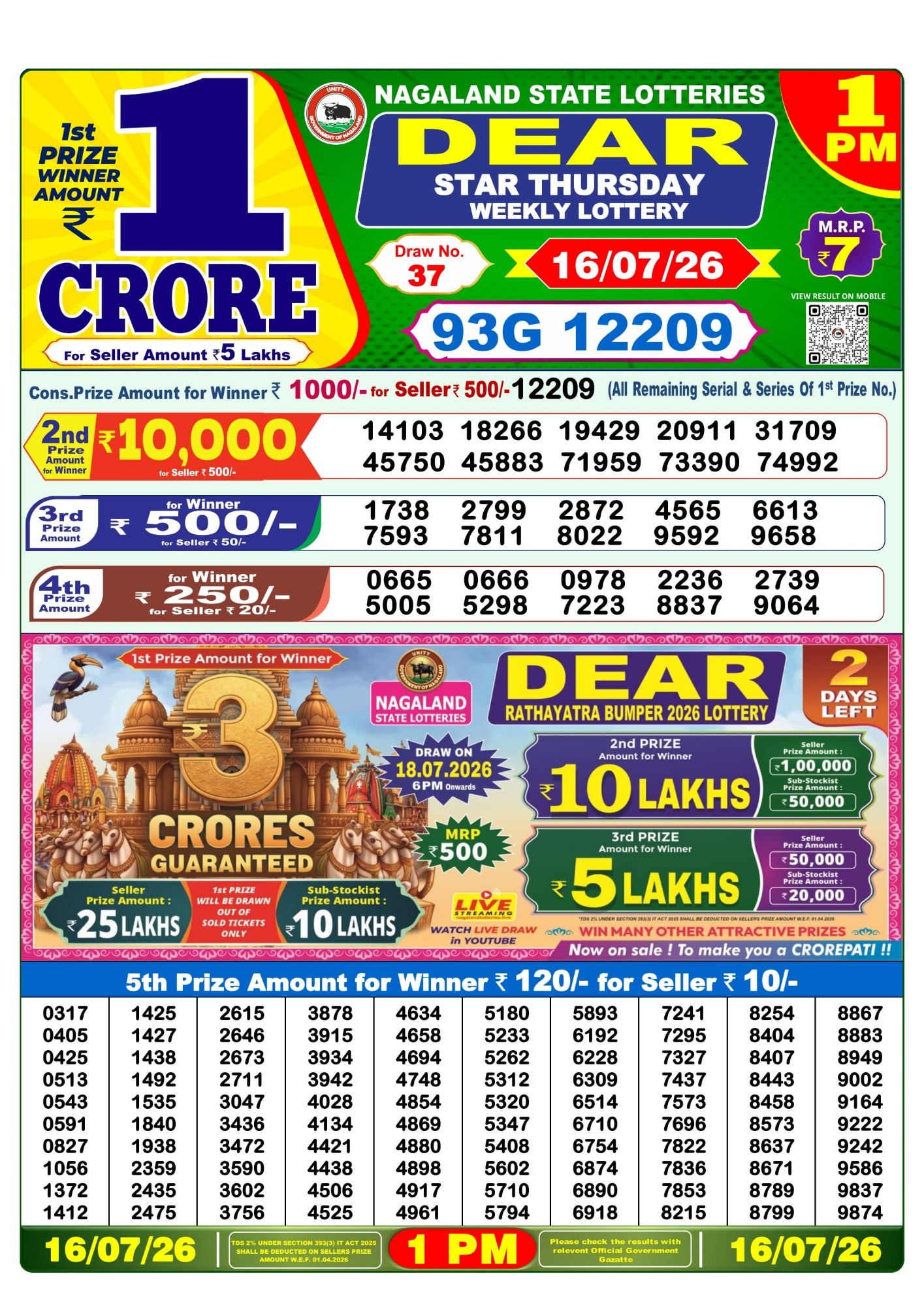 Lottery Sambad 1PM Result 16 07 26 Dear Star Thursday Weekly Lottery Result official chart
