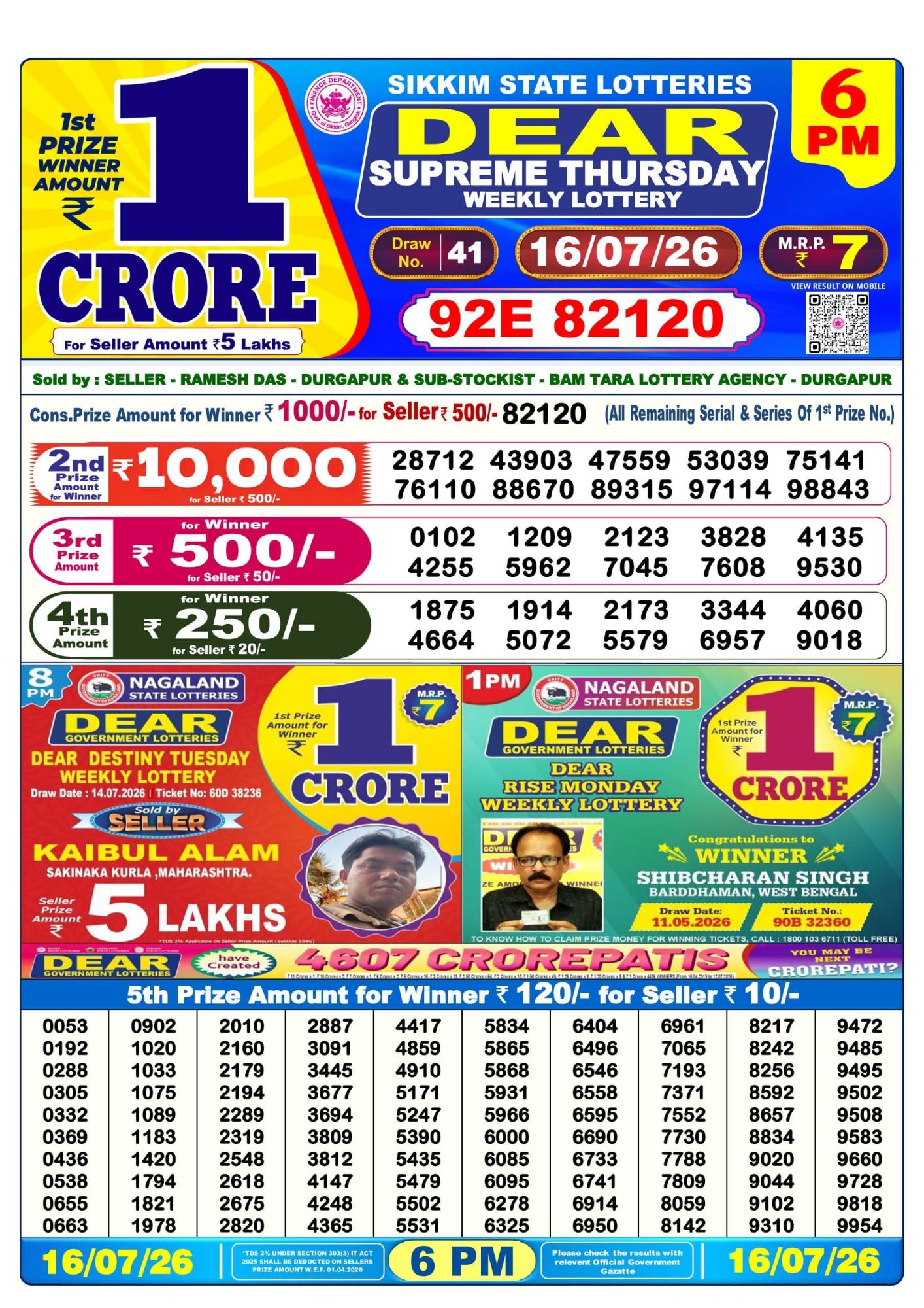Lottery Sambad 6PM Result 16 07 26 Dear Supreme Thursday Weekly Lottery Result official chart