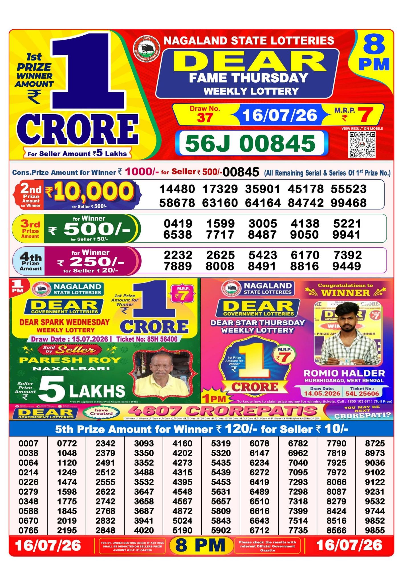 Lottery Sambad 8PM Result 16 07 26 Dear Fame Thursday Weekly Lottery Result official chart