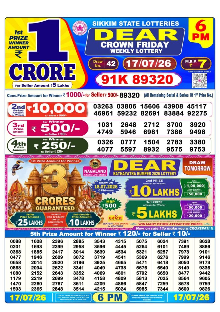 Lottery Sambad 6PM Result 17 07 26 Dear Crown Friday Weekly Lottery Result official chart Lottery Sambad 6PM Result 17 07 26 Dear Crown Friday Weekly Lottery Result official chart