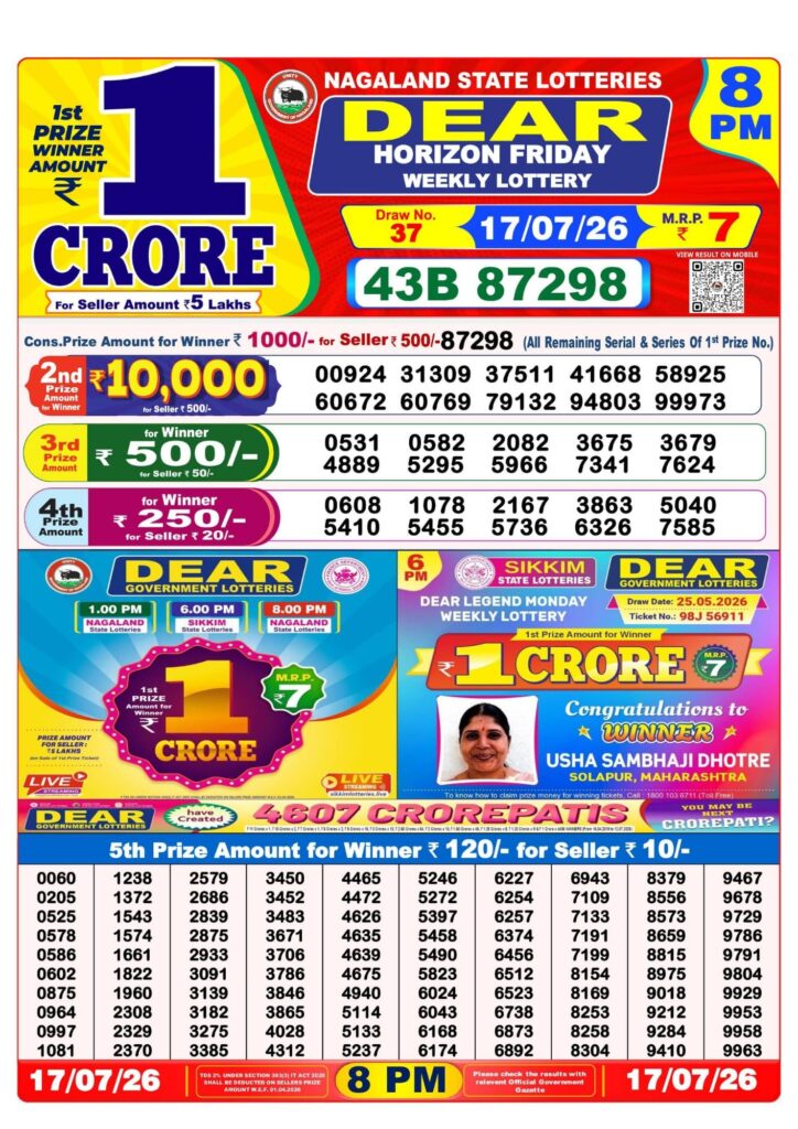 Lottery Sambad 8PM Result 17 07 26 Dear Horizon Friday Weekly Lottery Result official chart Lottery Sambad 8PM Result 17 07 26 Dear Horizon Friday Weekly Lottery Result official chart