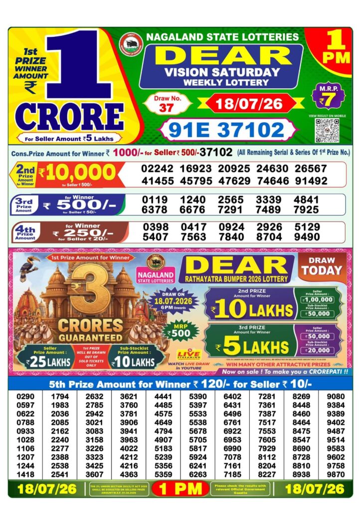 Lottery Sambad 1PM Result 18 07 26 Dear Vision Saturday Weekly Lottery Result official chart Lottery Sambad 1PM Result 18 07 26 Dear Vision Saturday Weekly Lottery Result official chart