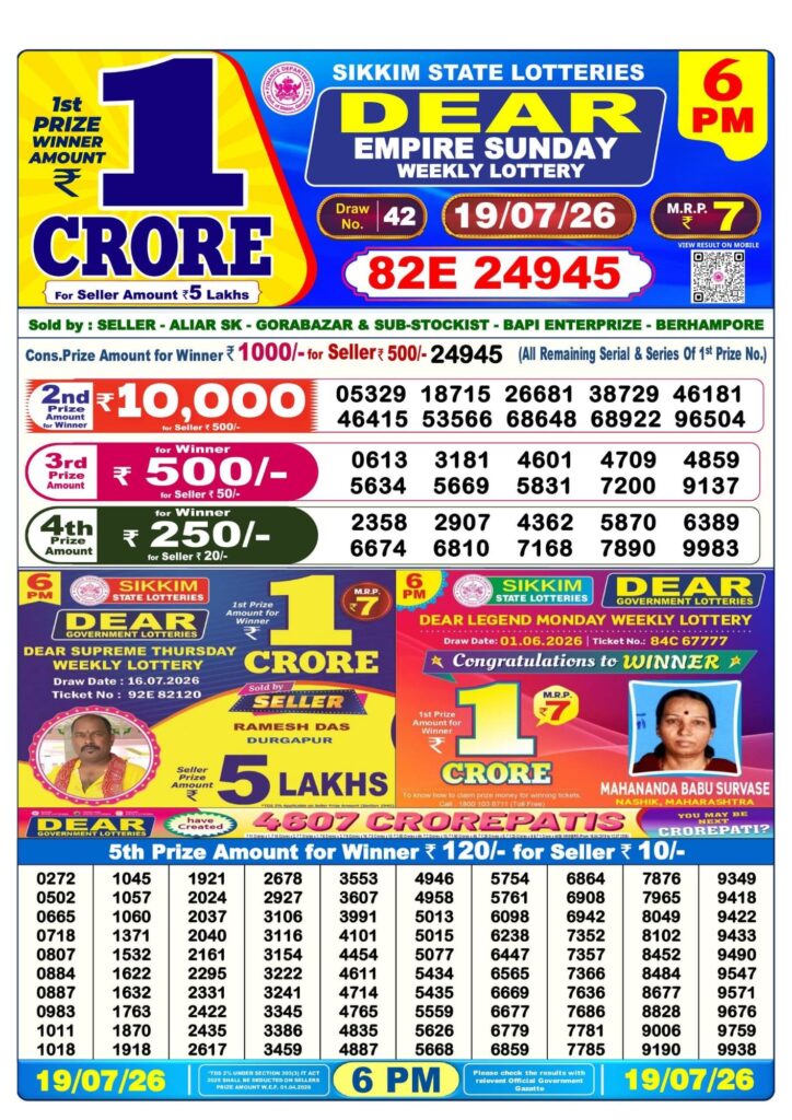 Lottery Sambad 6PM Result 19 07 26 Dear Empire Sunday Weekly Lottery Result official chart
