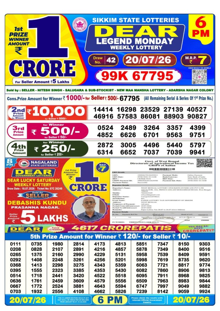 Lottery Sambad 6PM Result 20 07 26 Dear Legend Monday Weekly Lottery Result official chart