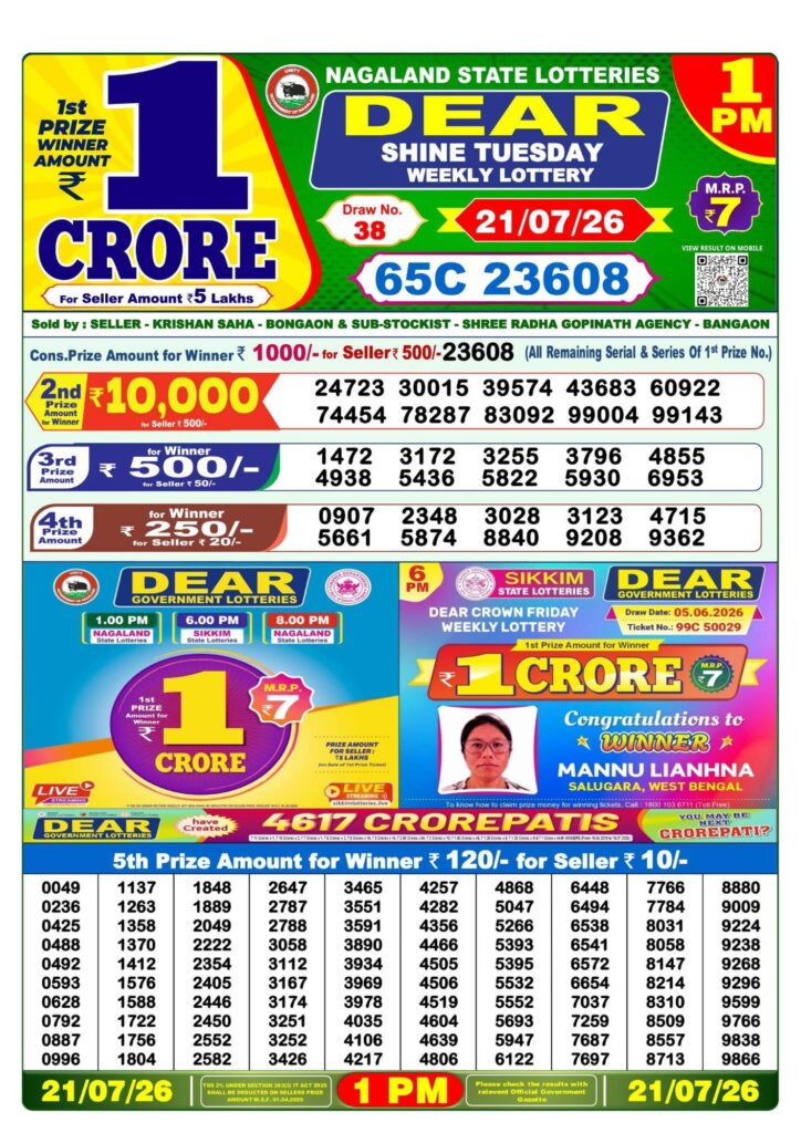 Lottery Sambad 1PM Result 21 07 26 Dear Shine Tuesday Weekly Lottery Result official chart Lottery Sambad 1PM Result 21 07 26 Dear Shine Tuesday Weekly Lottery Result official chart
