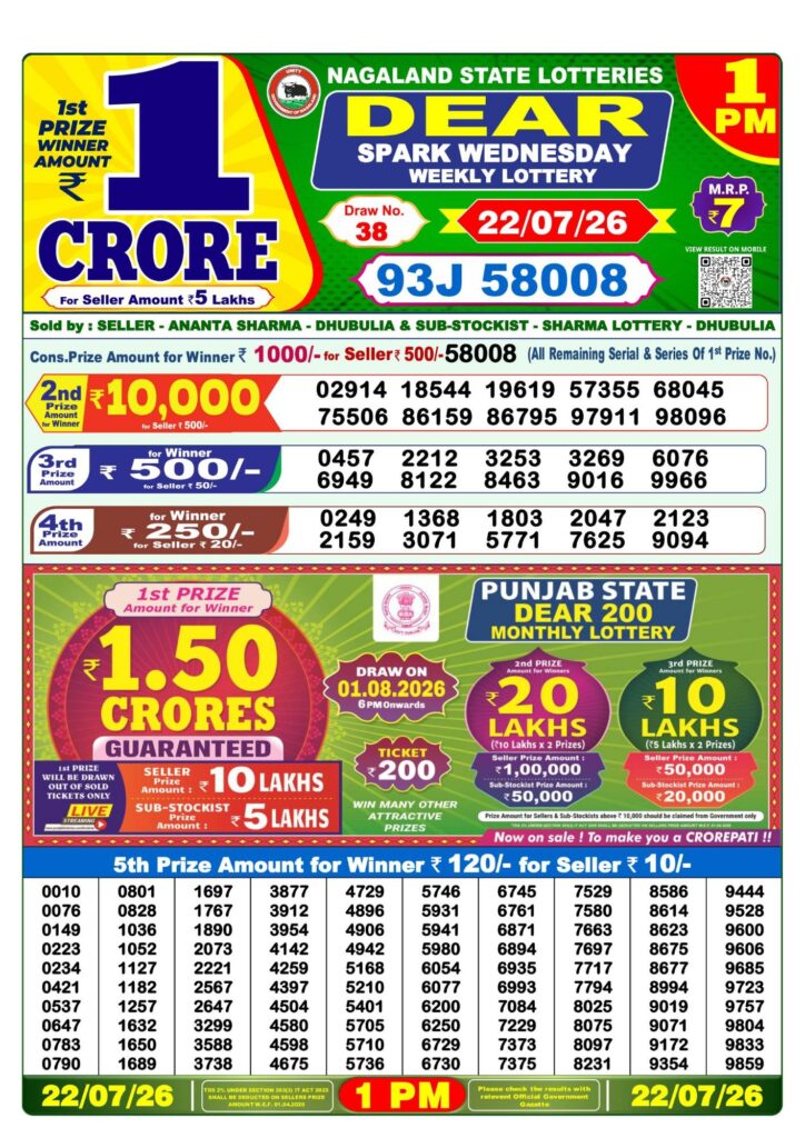 Lottery Sambad 1PM Result 22 07 26 Dear Spark Wednesday Weekly Lottery Result official chart